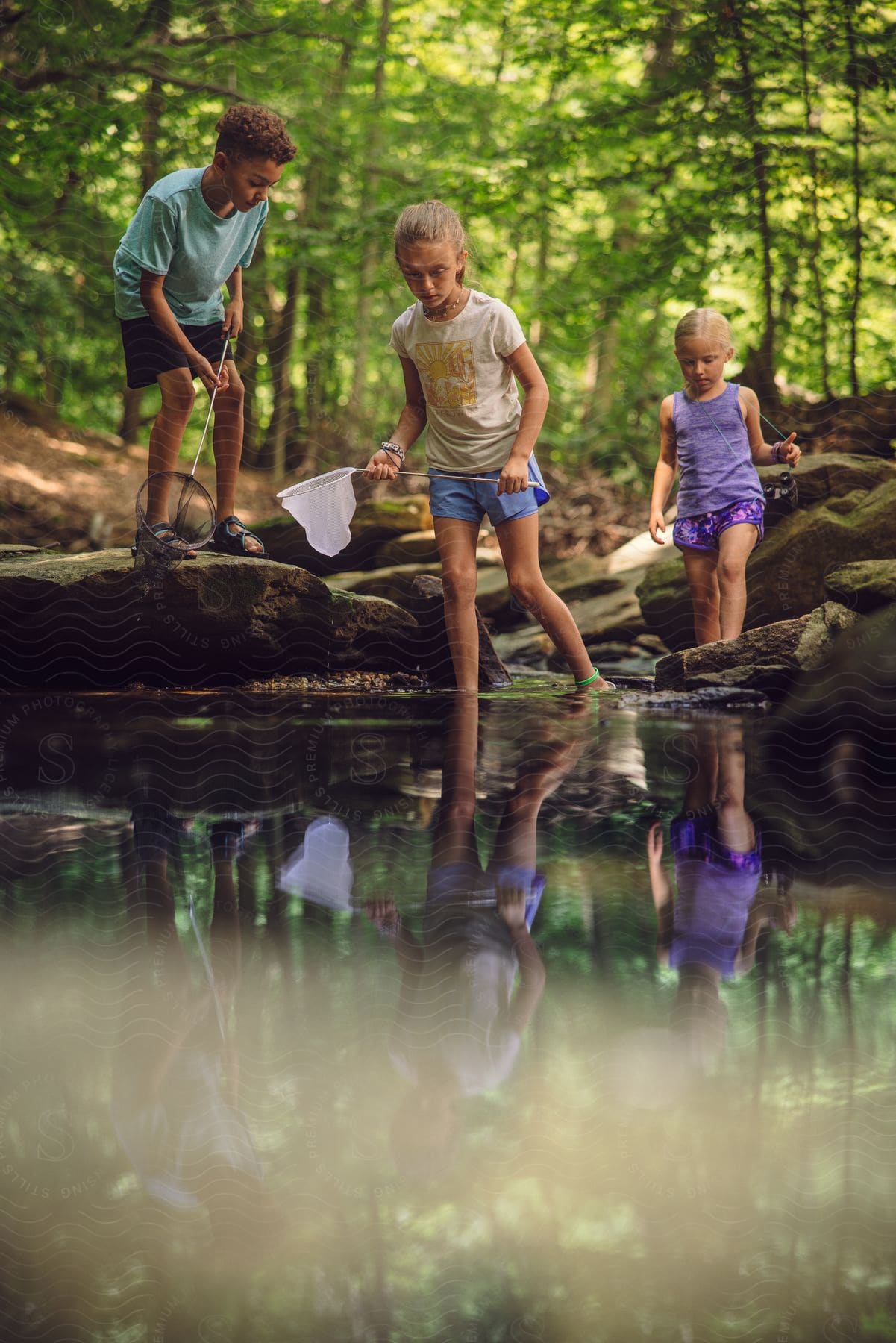 Some children playing in a lake trying to fish with a net