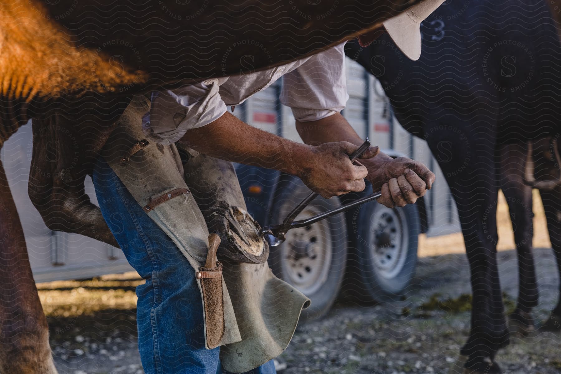 Farrier works on horse's hoof near large parked vehicle.