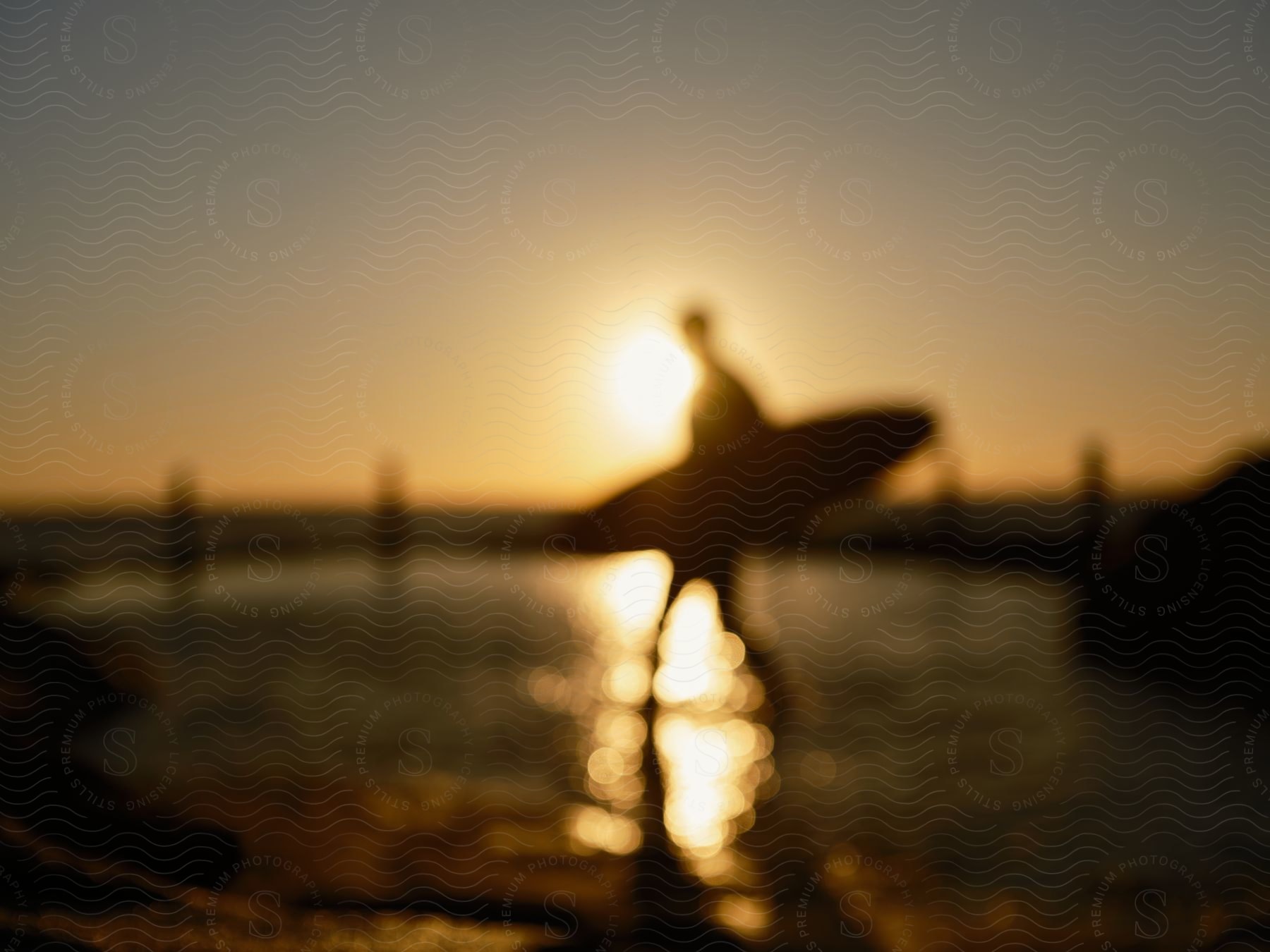 blurred motion of the silhouette of a man carrying a surf board walking across a beach as the sun sets behind him