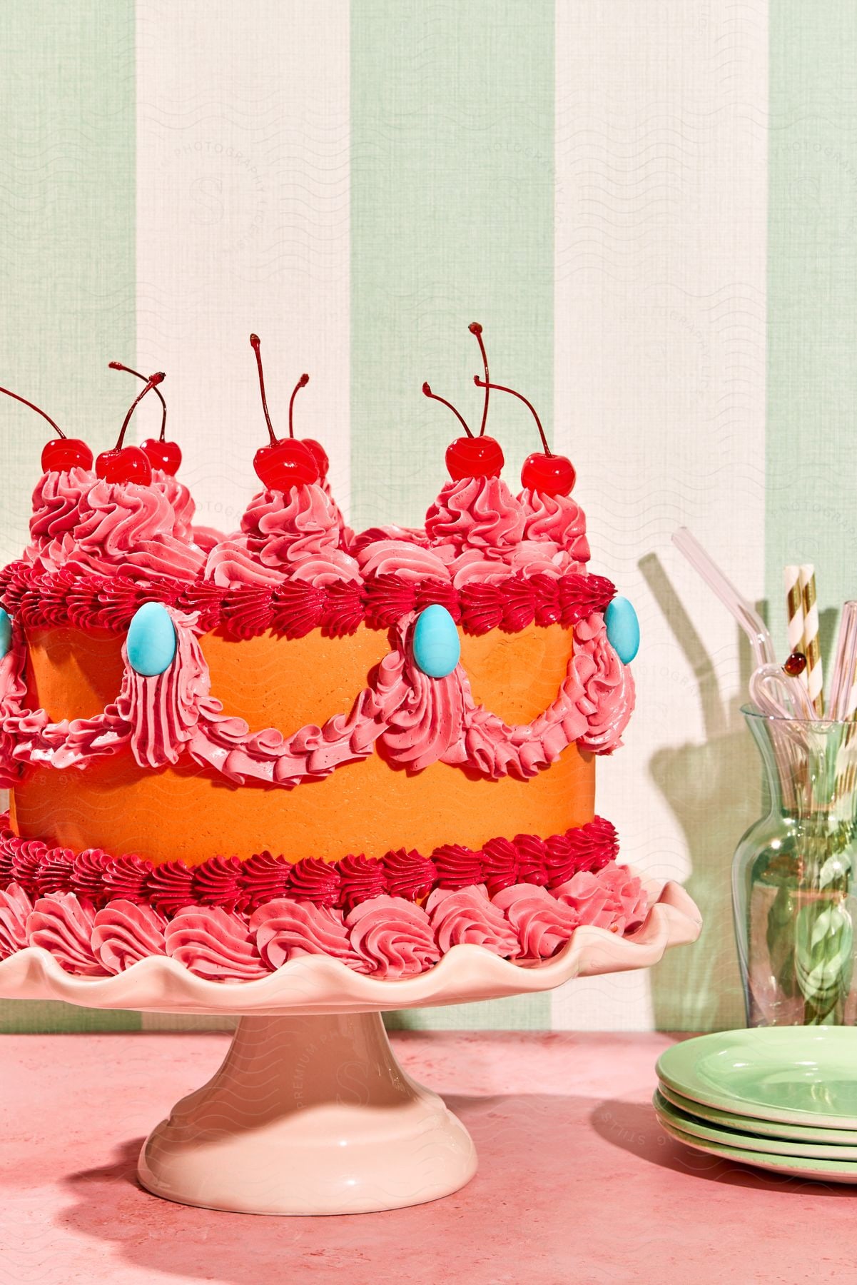 Orange and red cake with decorated cherries on top.