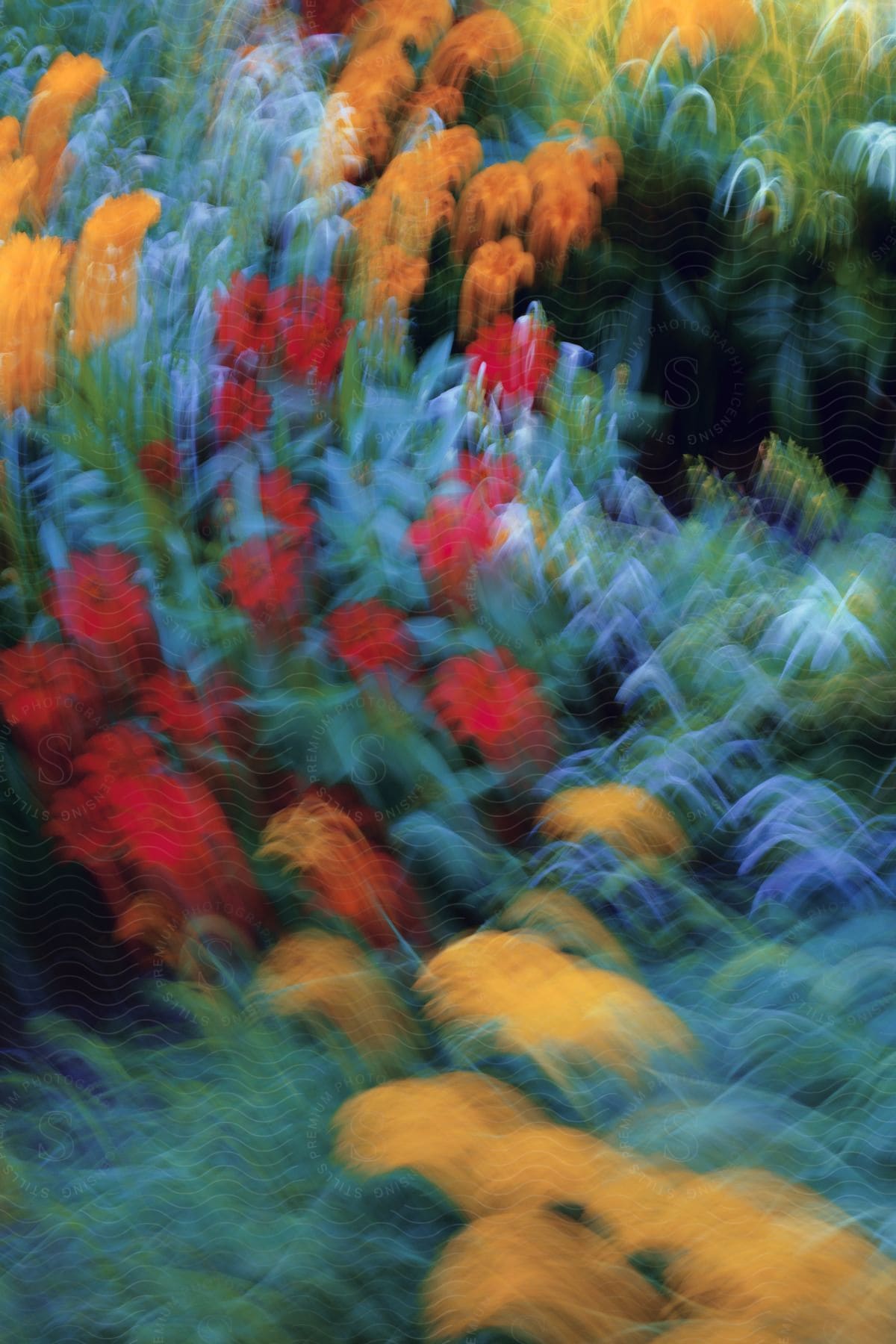 A field of colorful flowers in a blur of motion.