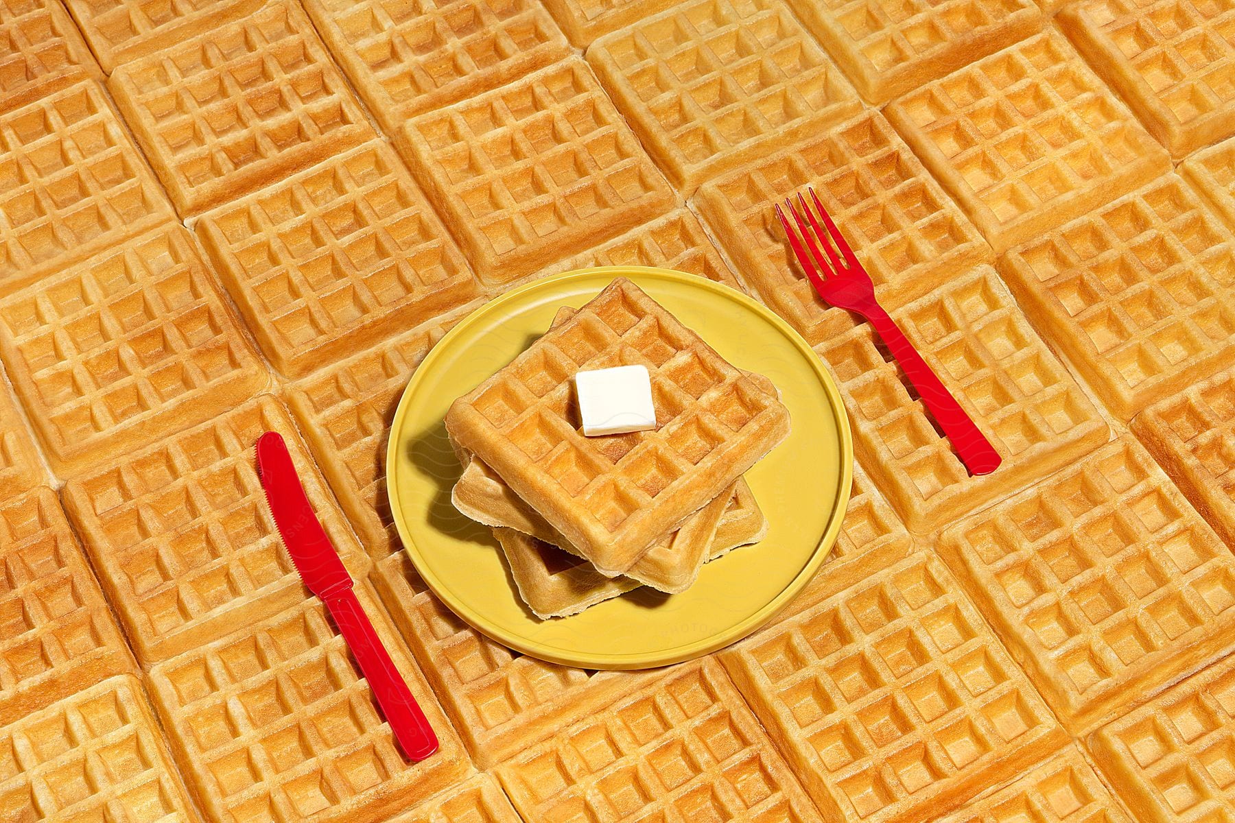 Waffles are stacked on a plate with a square of butter on top and a red plastic knife and fork on a table made of waffles