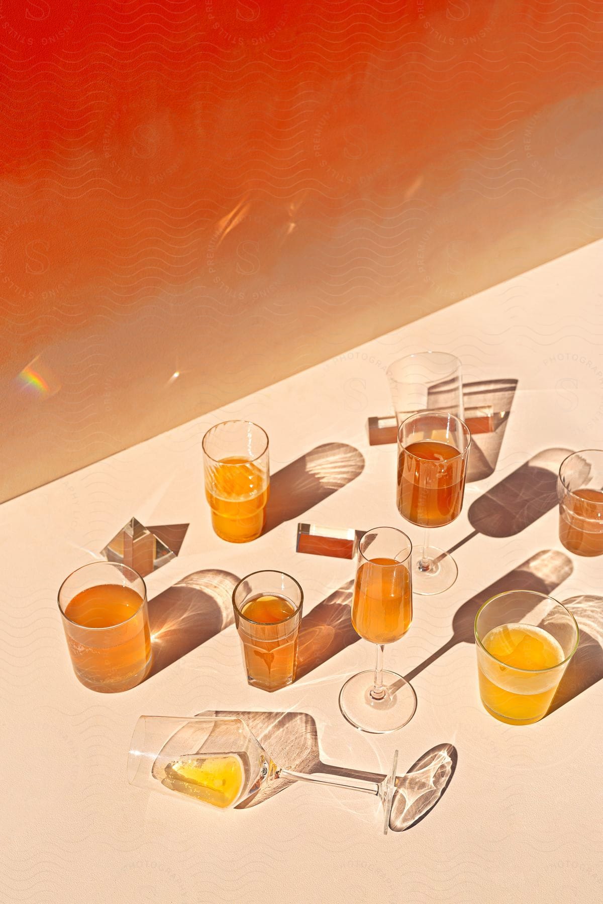 drinking glasses and stemware are filled with orange liquid on a table