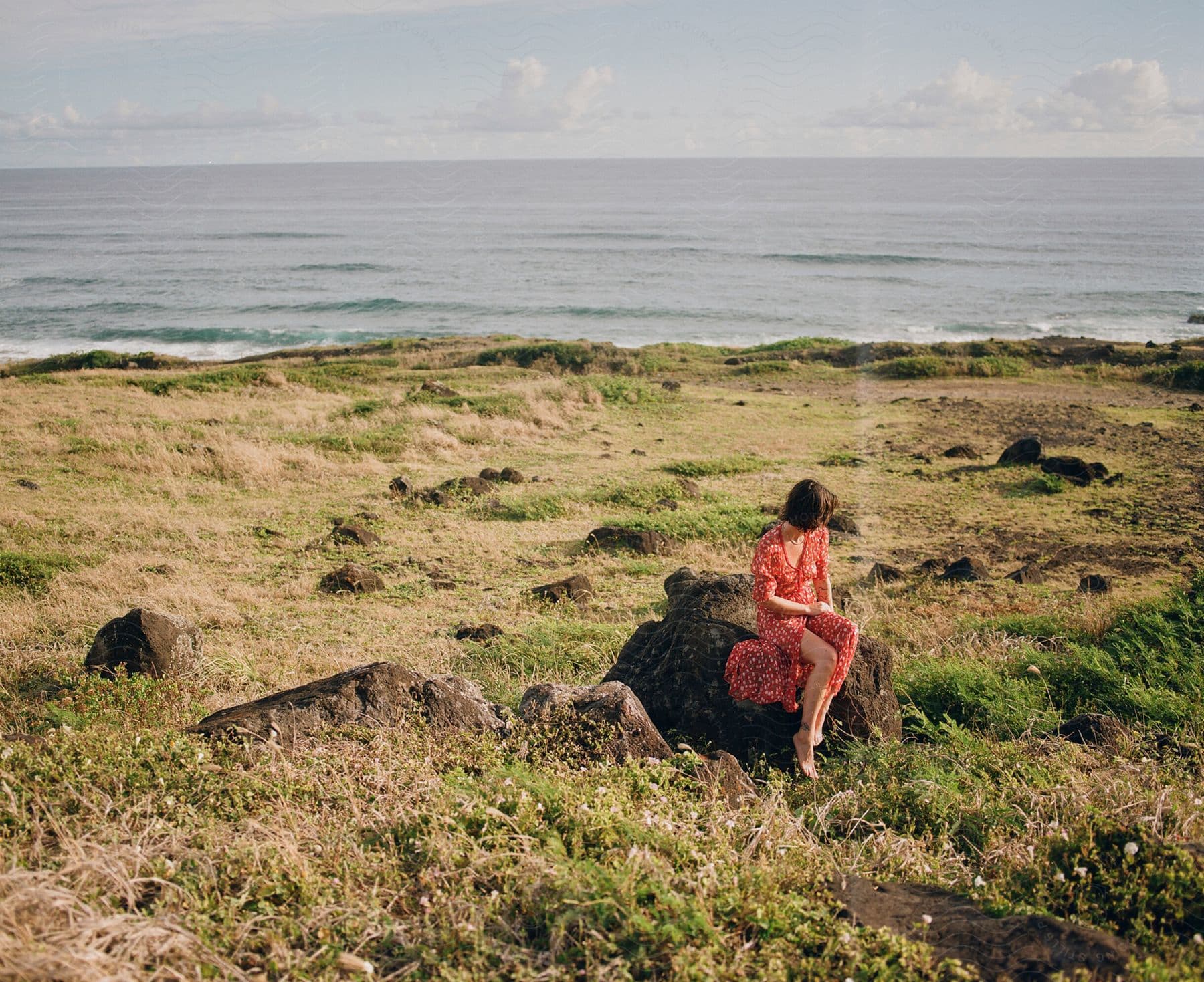 A woman in a red dress is sitting on a rock in a lawn and in the background is the ocean.