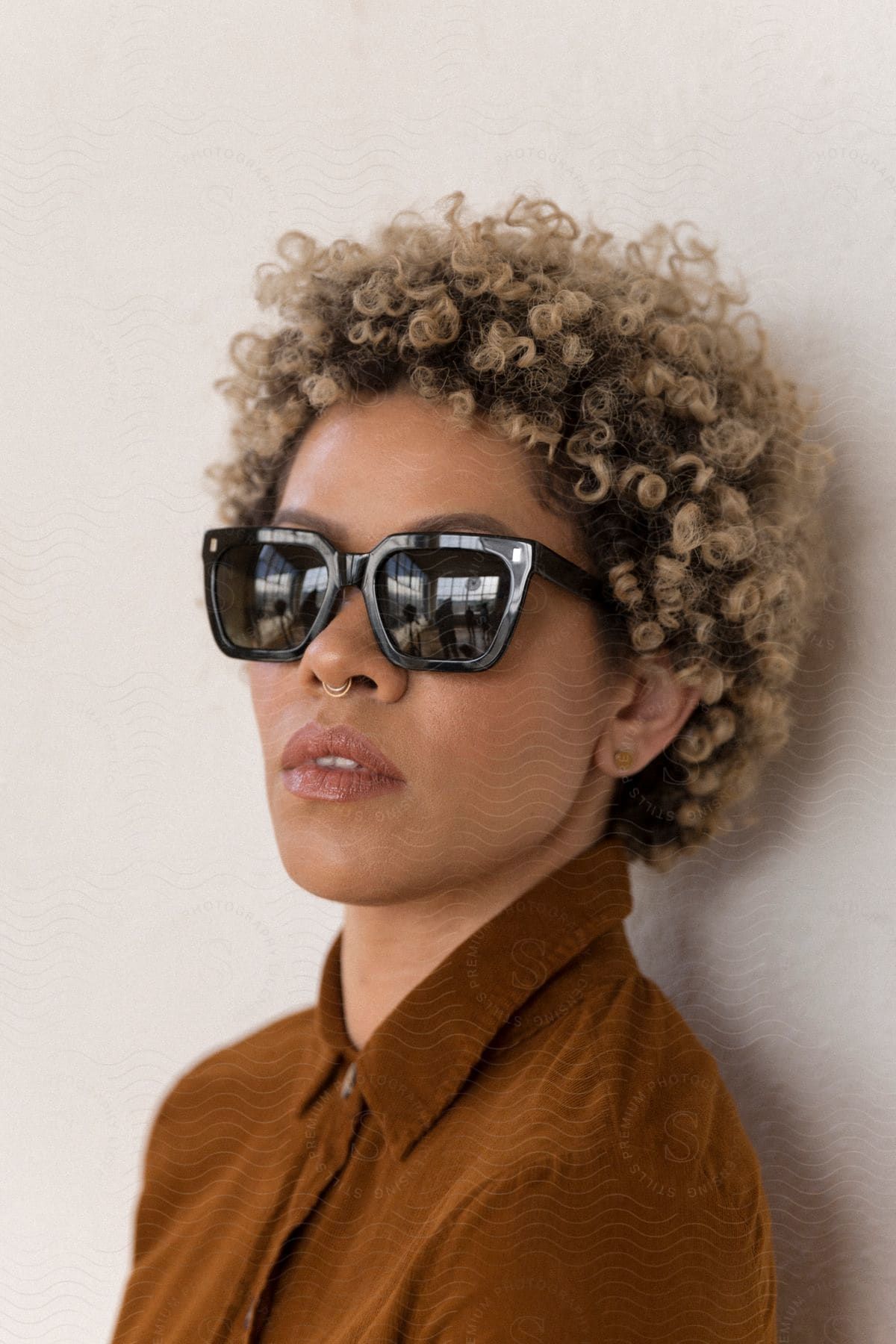 Woman with curly hair sunglasses nose piercing and brown shirt looks at camera