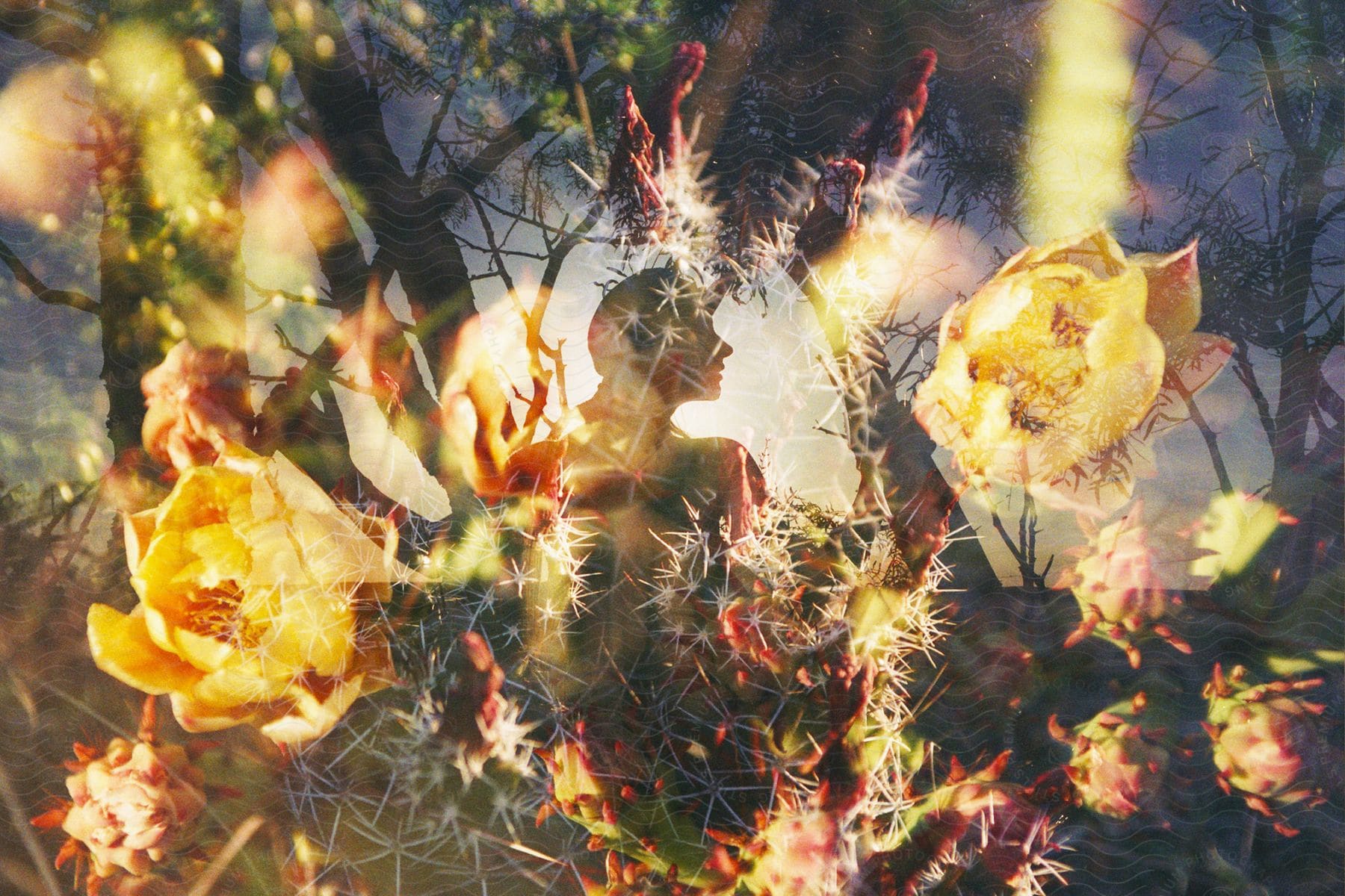 A woman against the sunlight, framed between many flowers and cactuses.