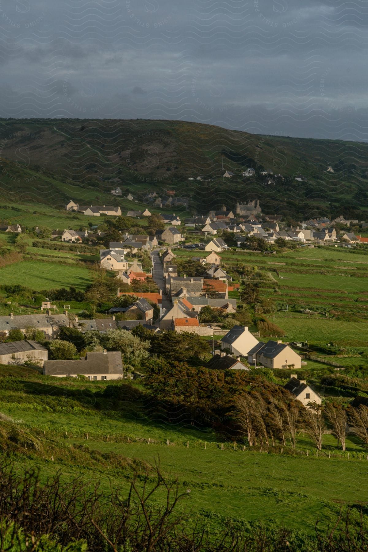 Small town surrounded by fields and pasture sits in valley on overcast day