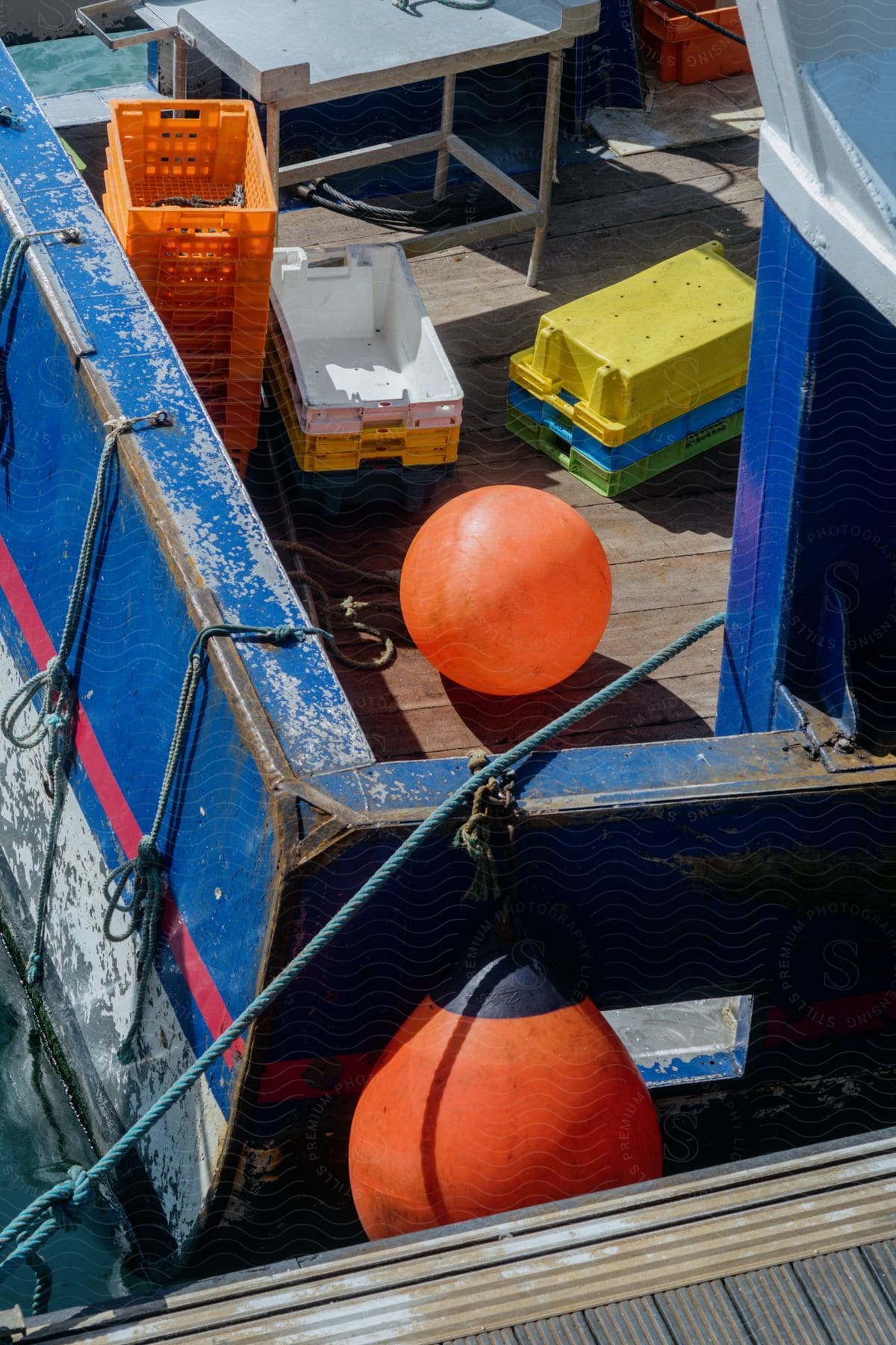 a bright buoys hanging from the side of a fishing boat