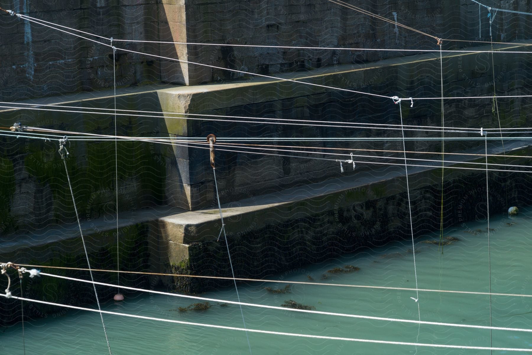 a rope pulley system runs over a pool outside a building