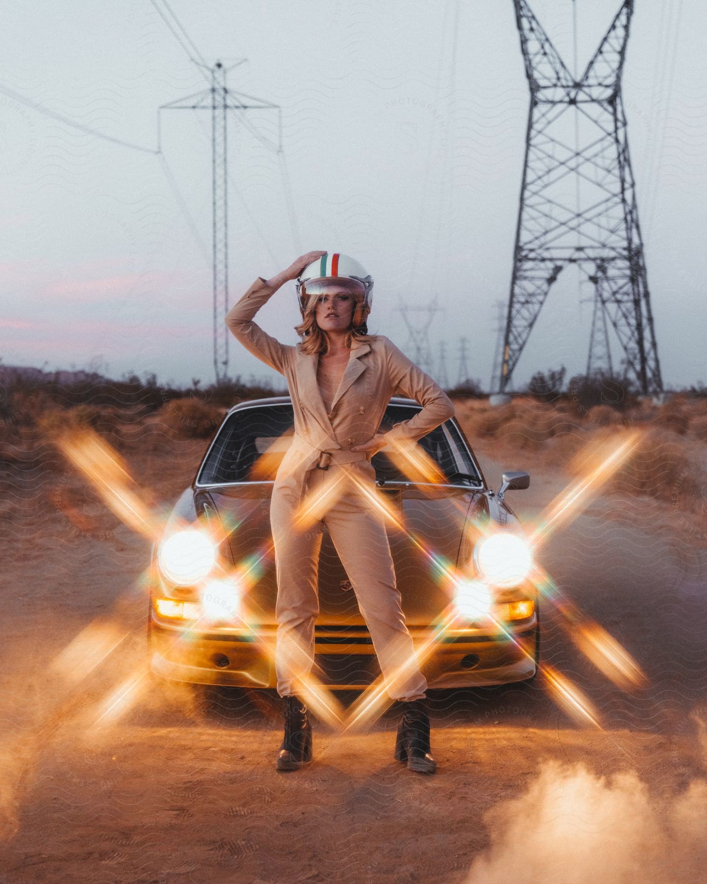 A women is wearing a racing helmet and standing in front of a sporty car.