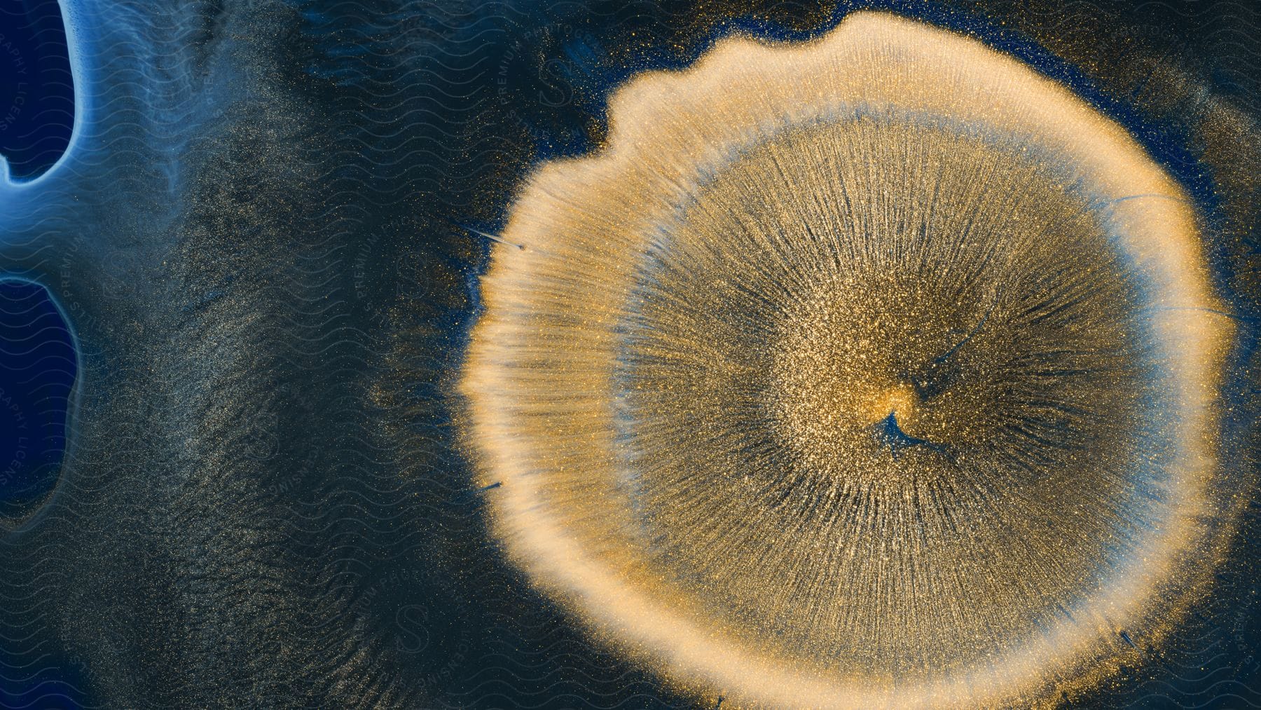 Flecks of gold in a circle radiating out through blue liquid.