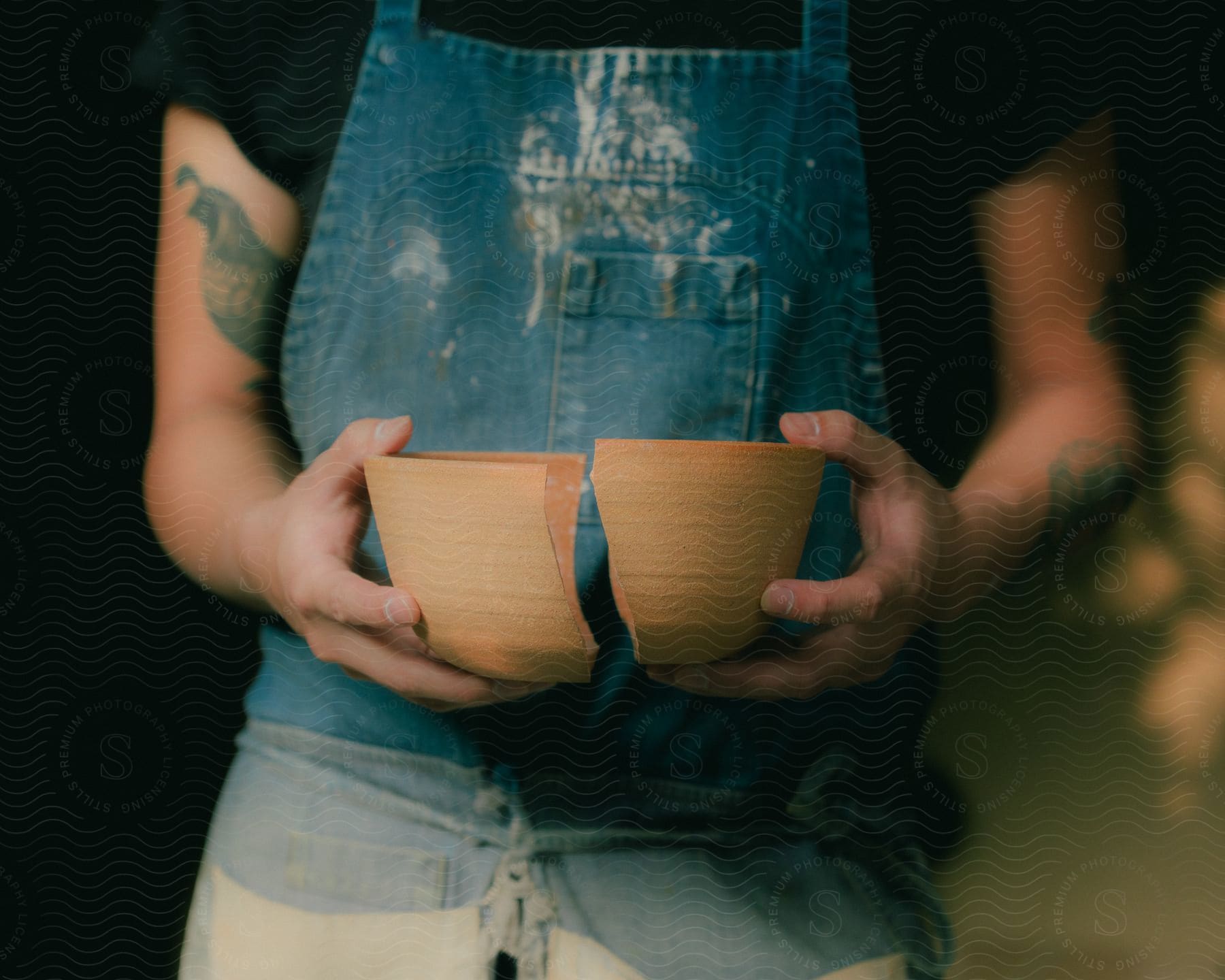 up close view of a sculptor in overalls and a black shirt, with arm tattoos, holding a broken pottery bowl in their hands