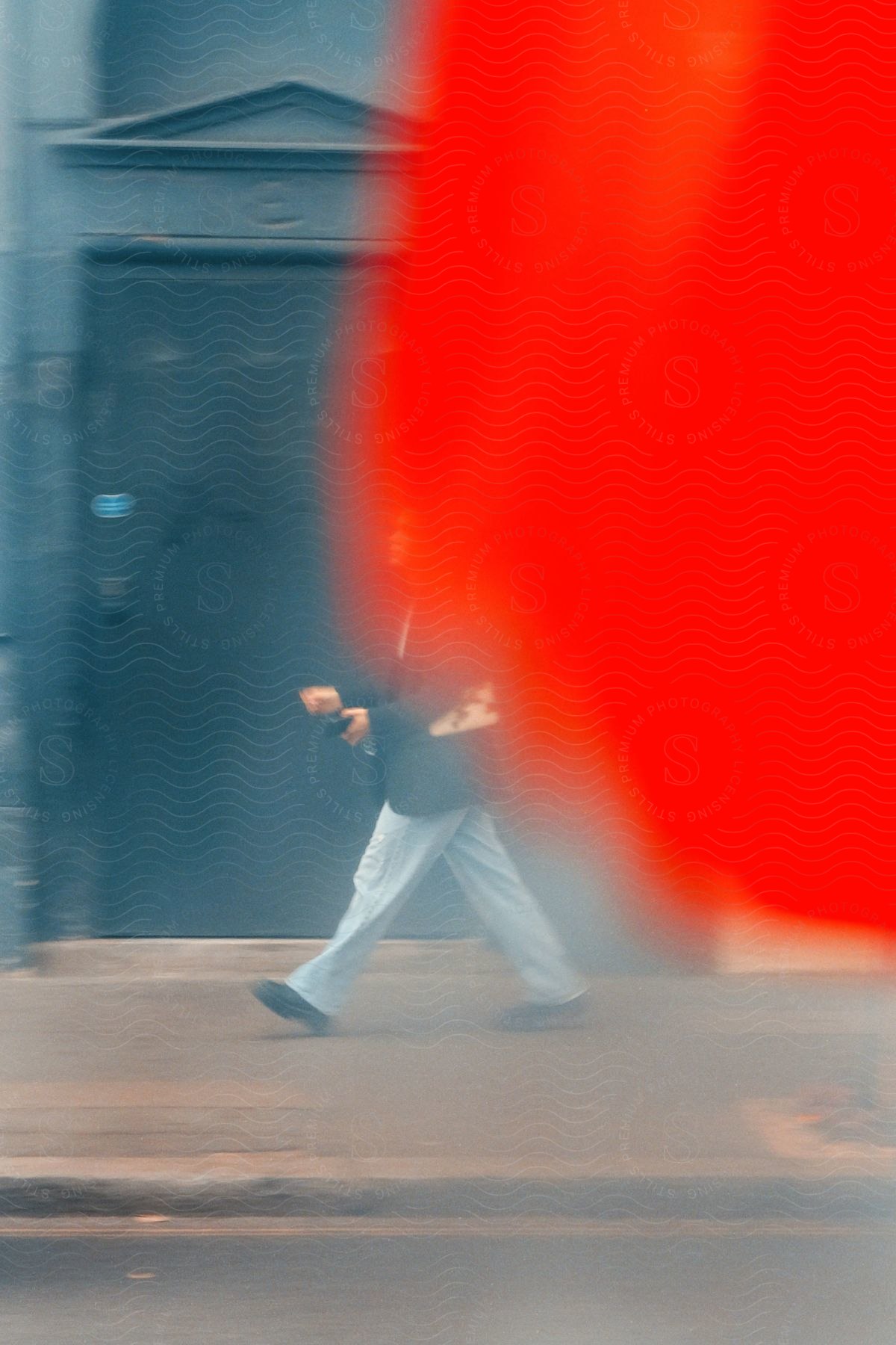 A person walking down the sidewalk in a city