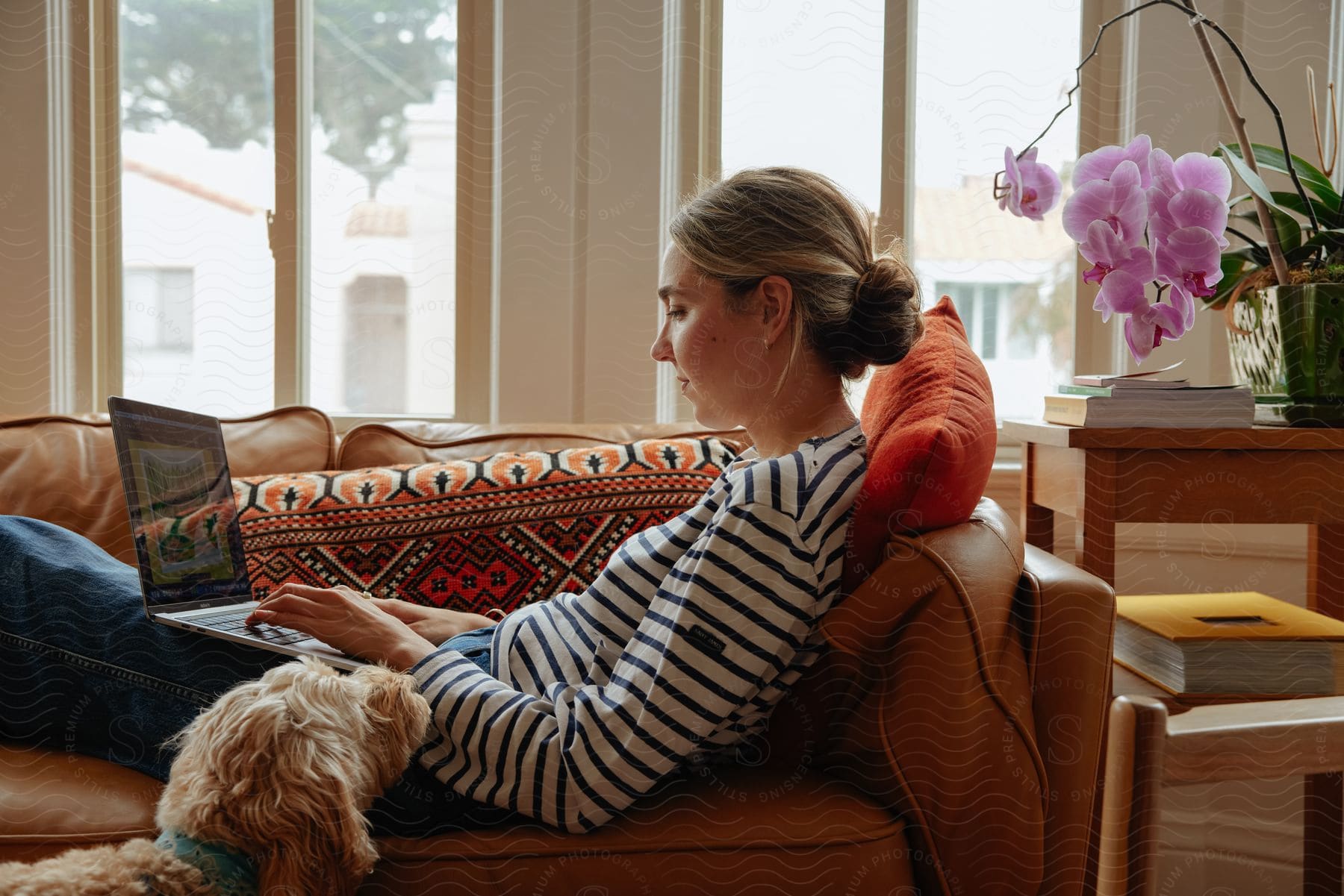 Stock photo of a woman lying in a couch next to a dog, while working on a laptop.