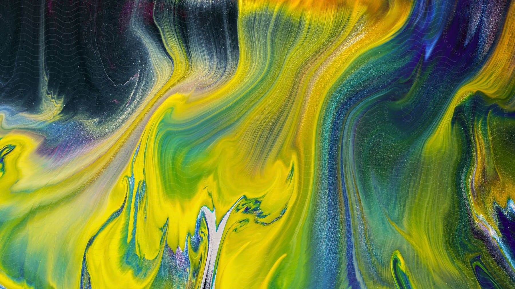 Yellow and green paint streaks as it blends and stretches into the dark blue