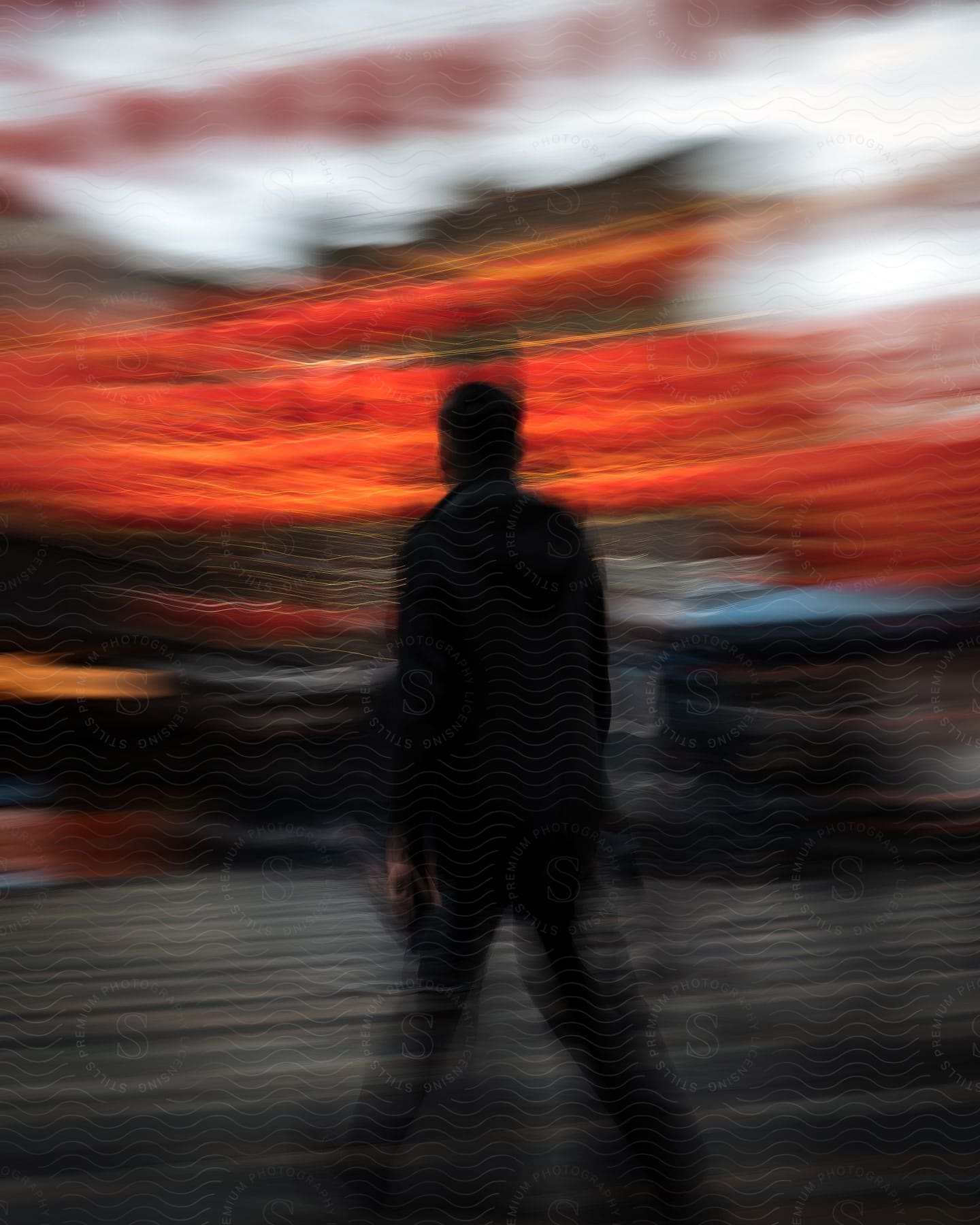 Blurred silhouette of man crossing street under crimson sky.