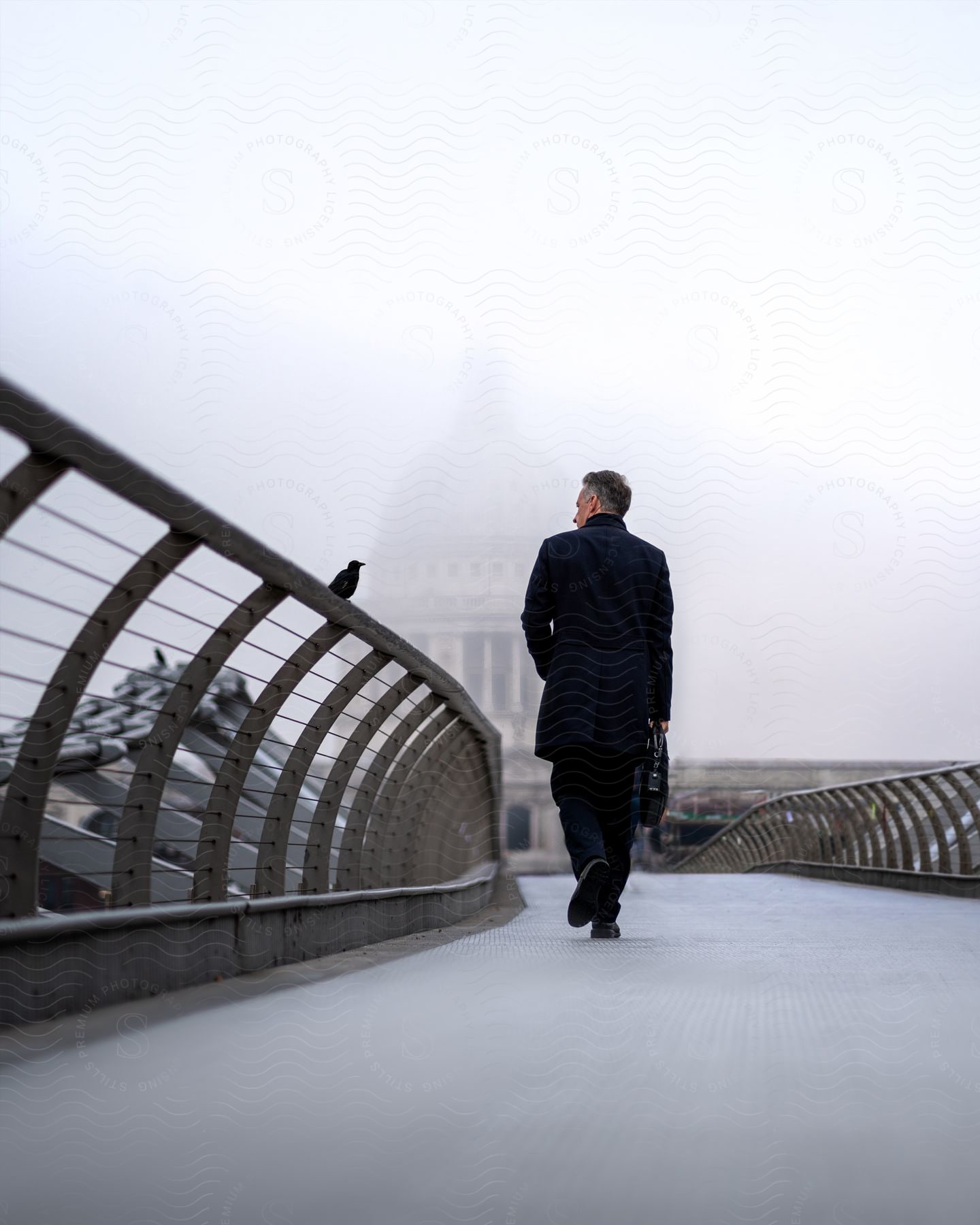 A man in a suit, briefcase in hand, walks across a foggy bridge towards the imposing US Capitol Building.