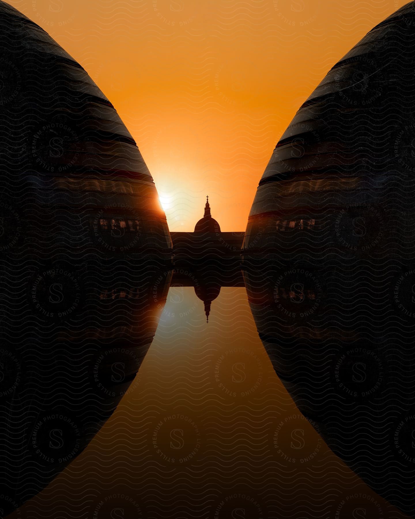 Stock photo of in between two large spherical buildings, the dome of a landmark building is illuminated by the sun which is set low in the sky.