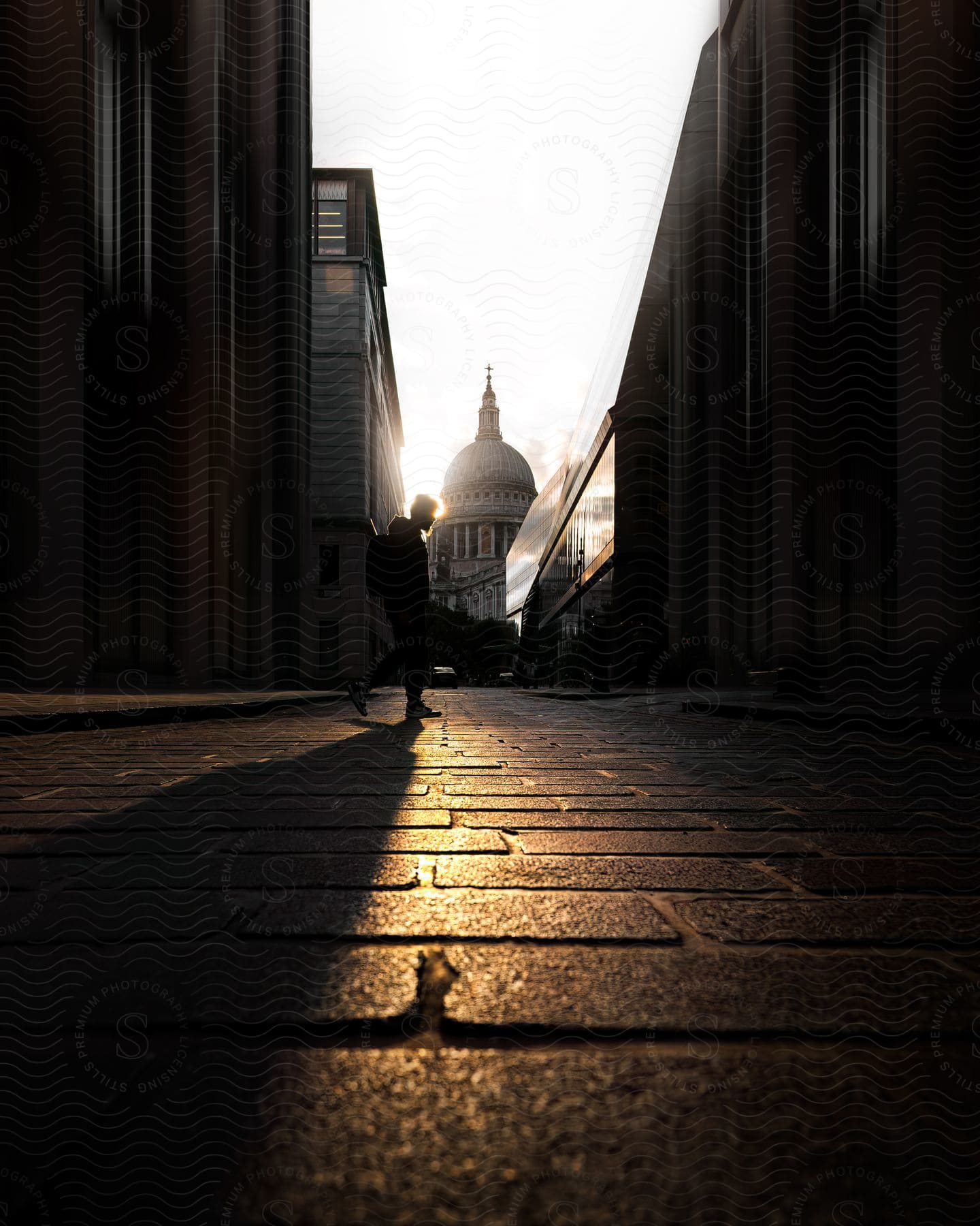 A person with a backpack crossing a city street, framed by sunlight.