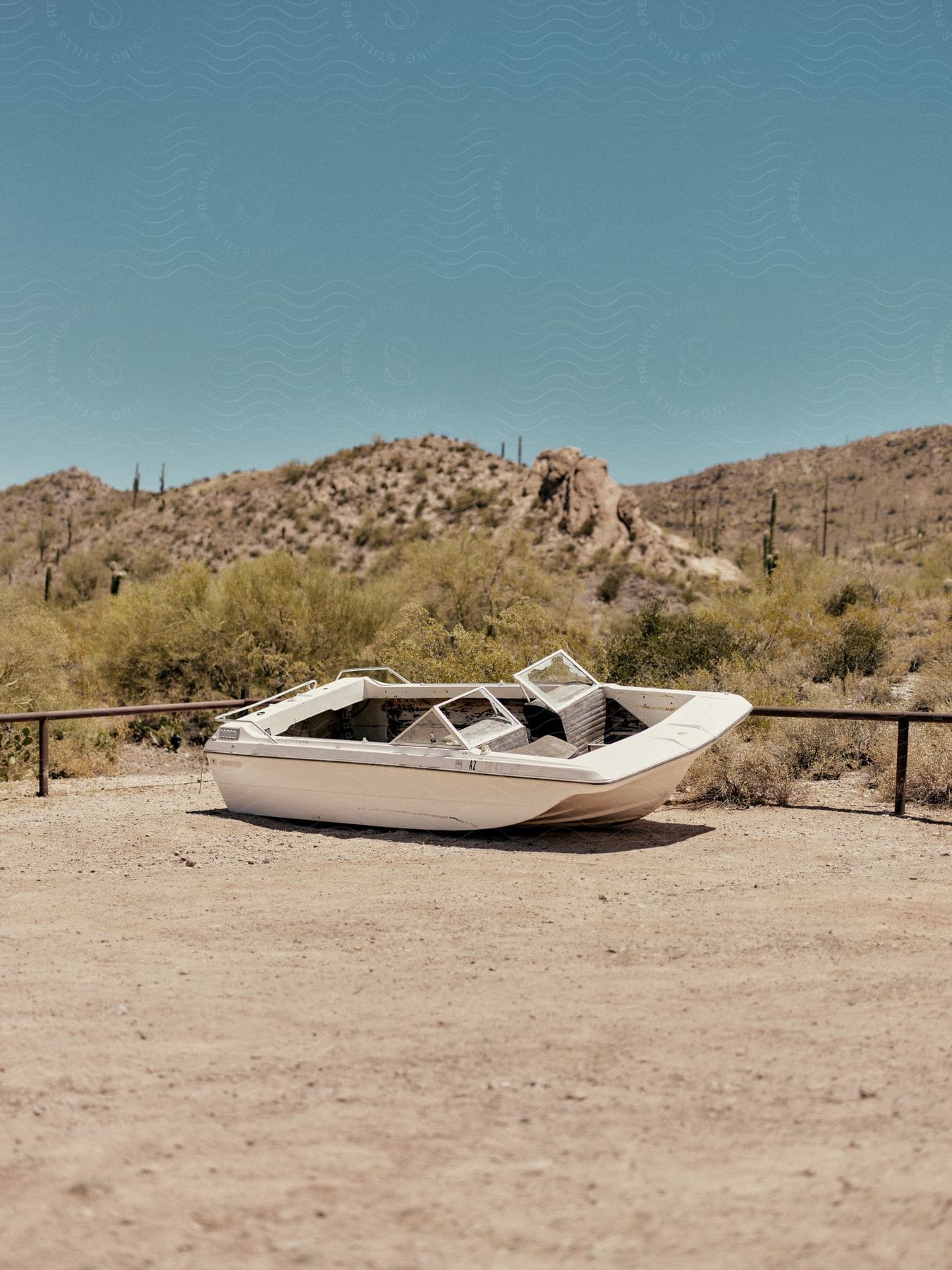 Boat beached on dry ground in a sunny environment.