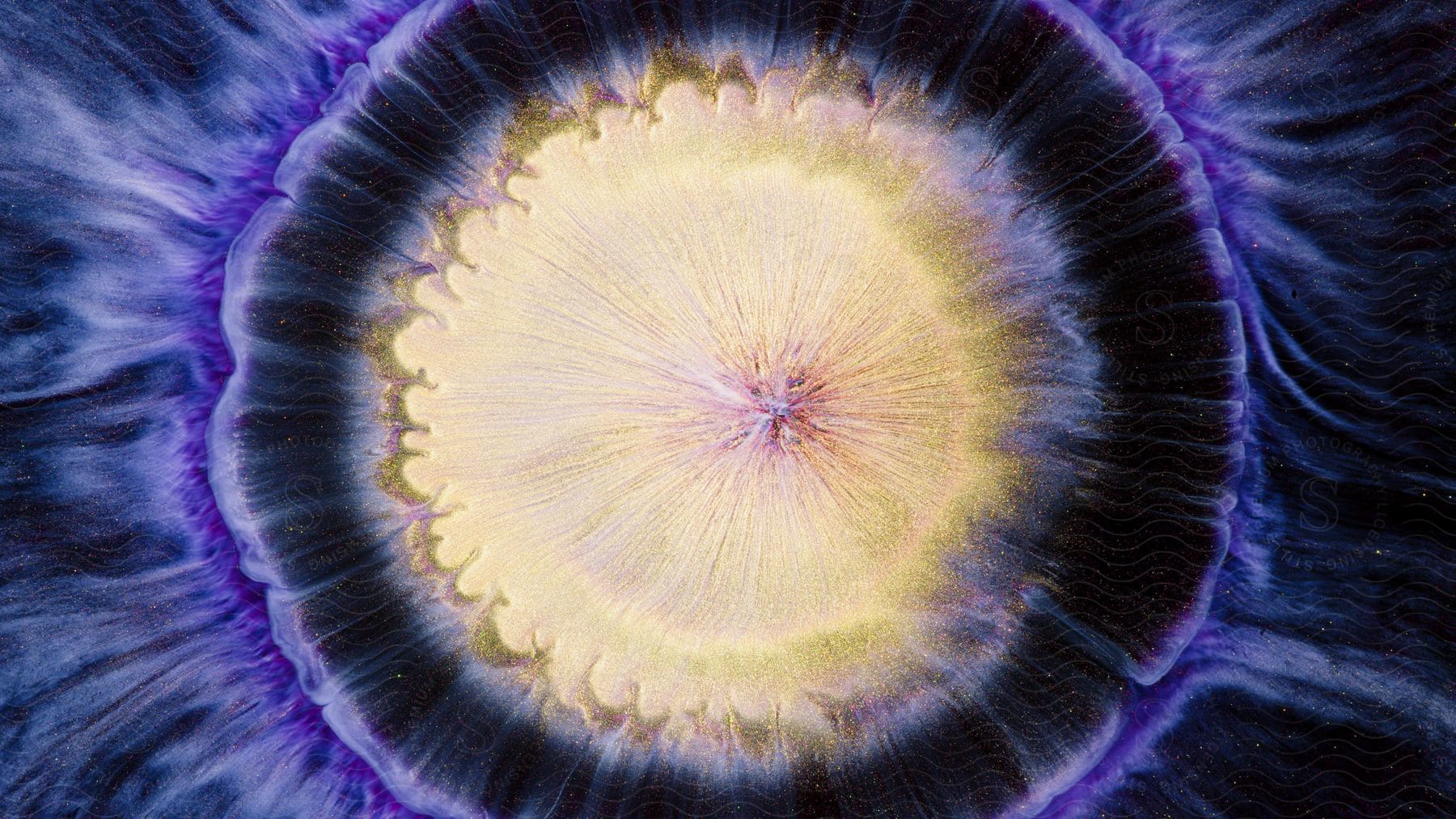 A close-up of the underside of a jellyfish, with a blue ring surrounding a yellow and white center, and blue and white streaks radiating out.