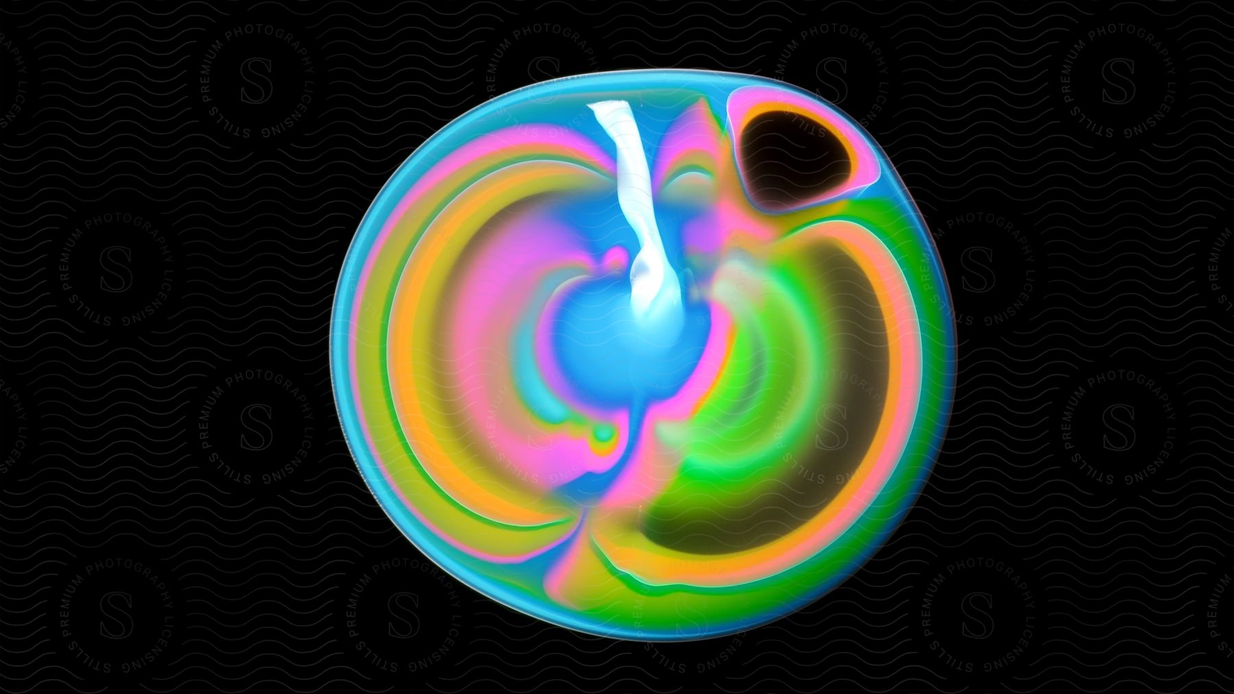 Abstract digital art of a colorful swirl on a black background.