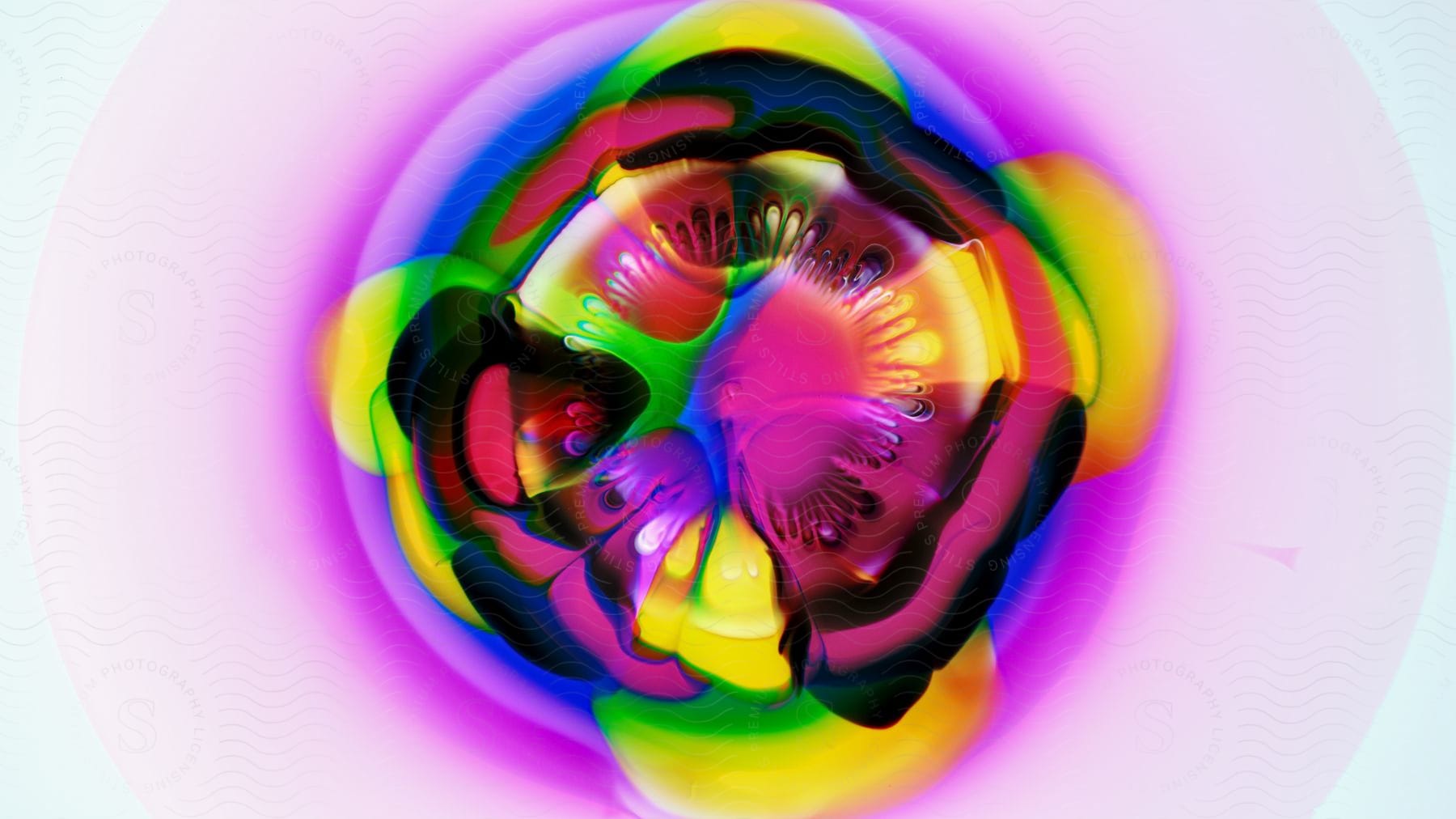 An abstract image of swirling liquid in multiple colors, with a central droplet pattern