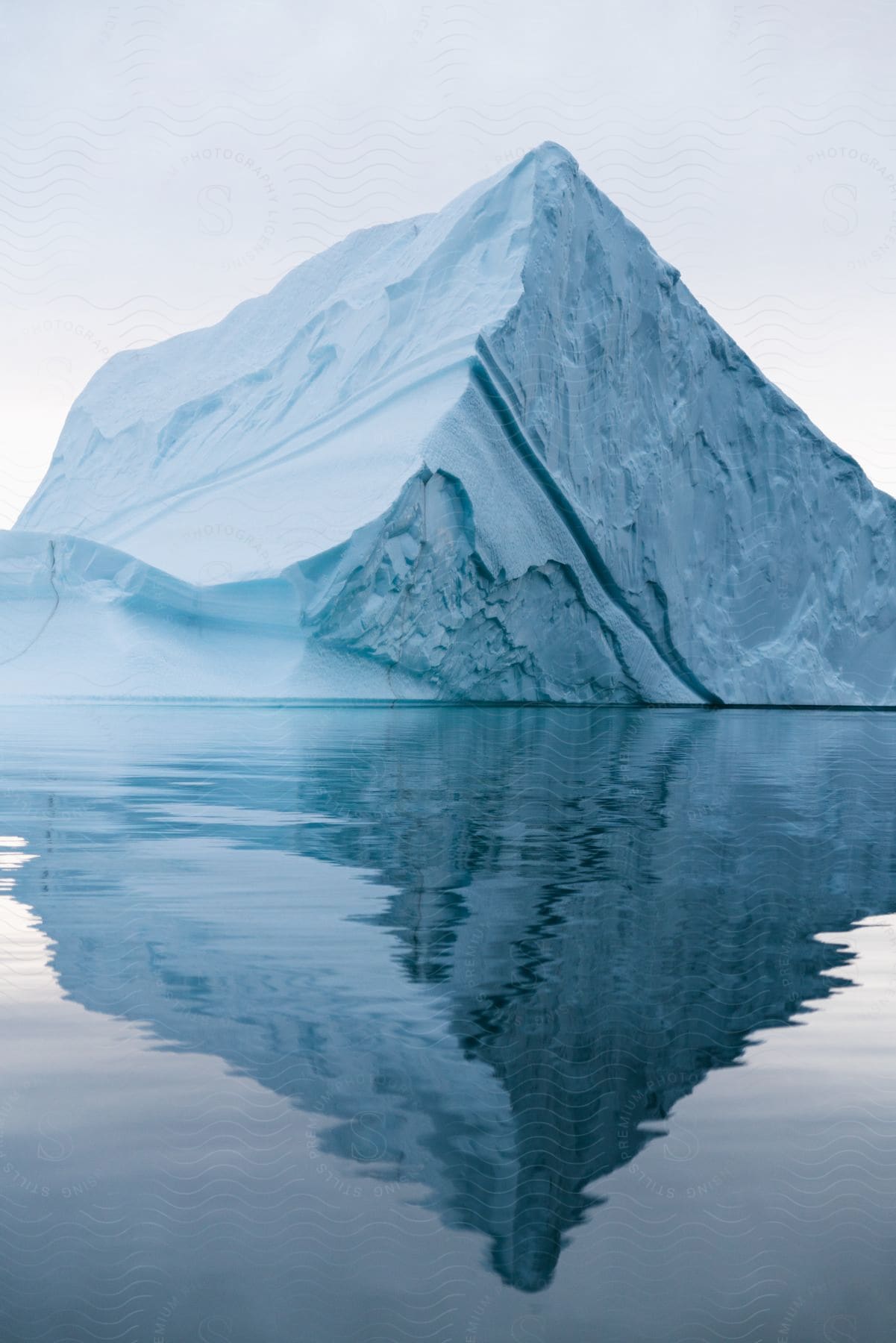 A massive and angular iceberg is surrounded by placid ocean water.