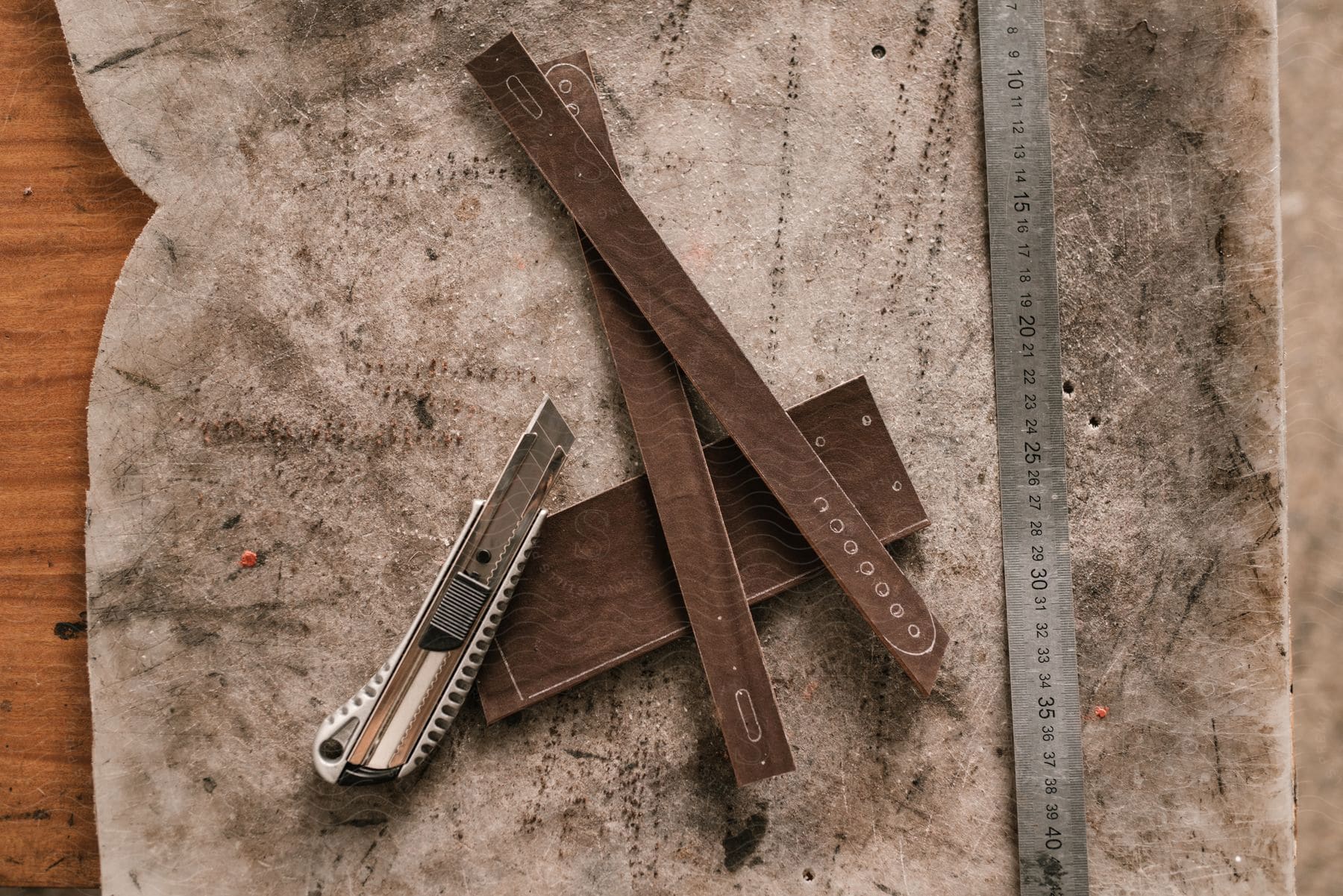 A razor knife, ruler and leather strips on a workbench.