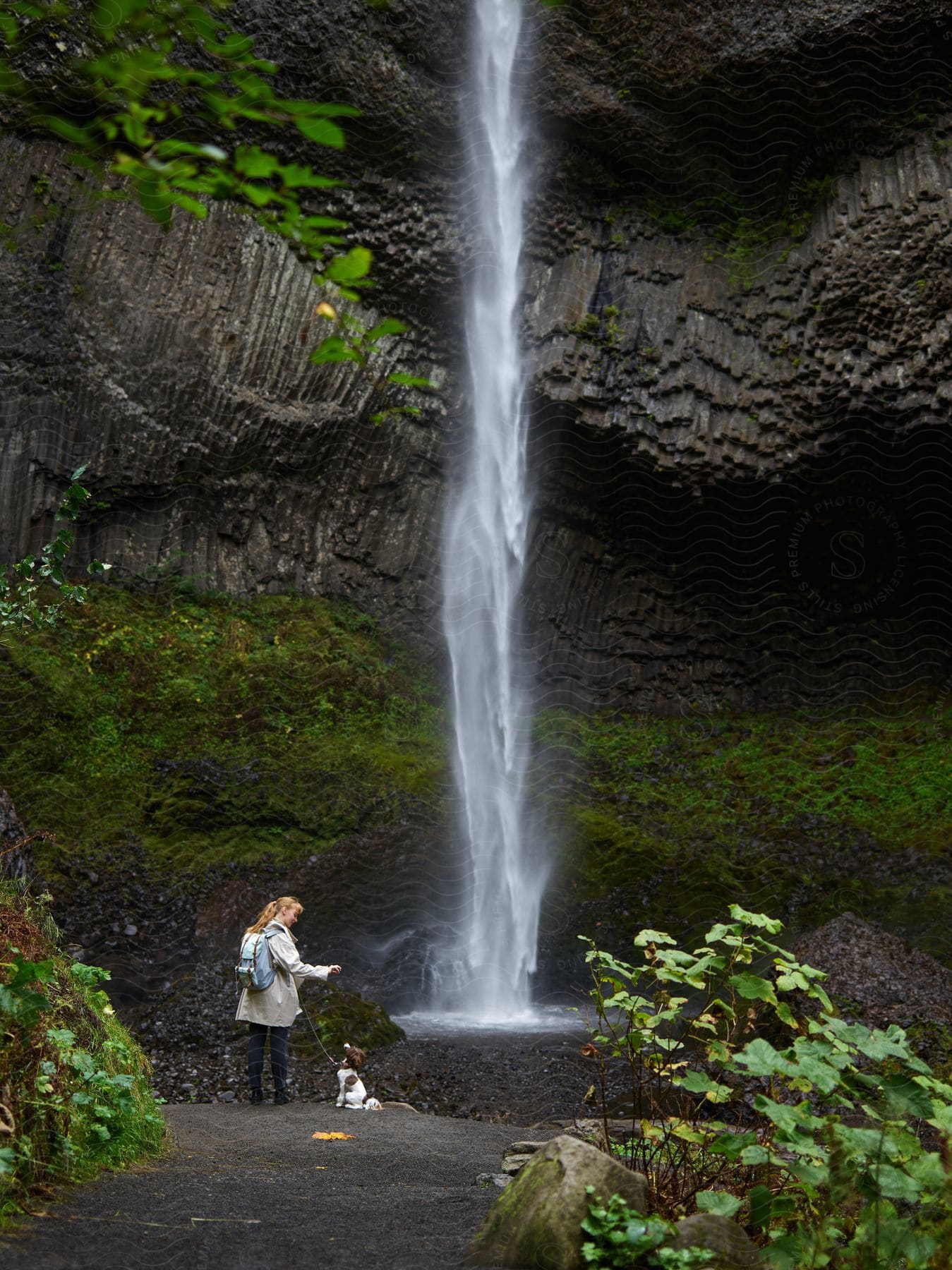 A woman standing in front of a tall waterfall with her dog on a leash during the day