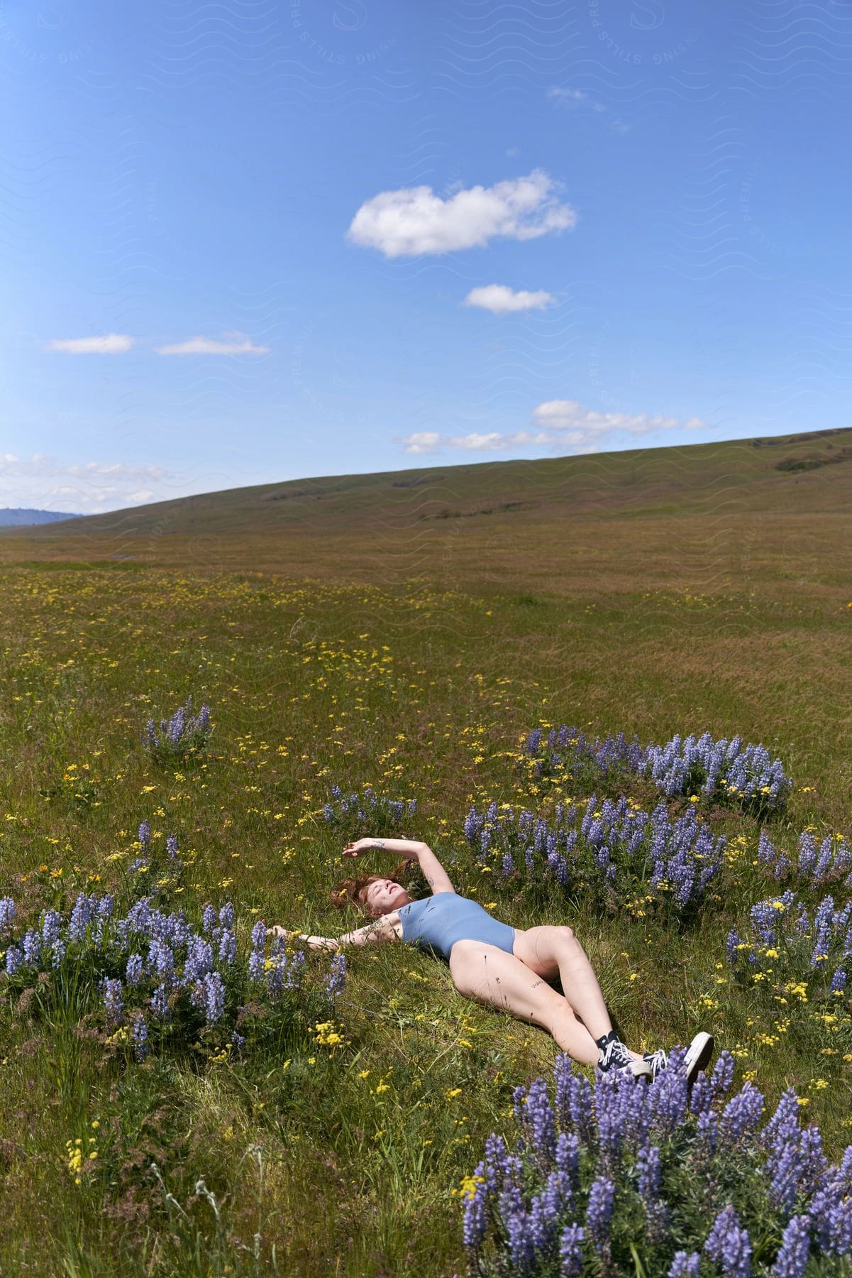 A woman is lying in a field on a hillside surrounded by flowers with a mountain in the distance