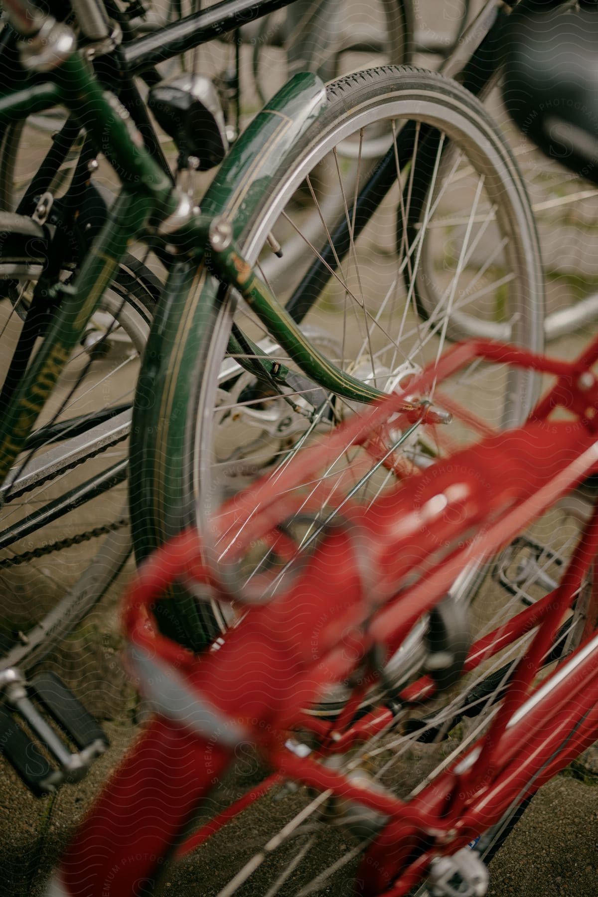 Close up view on some bicycles