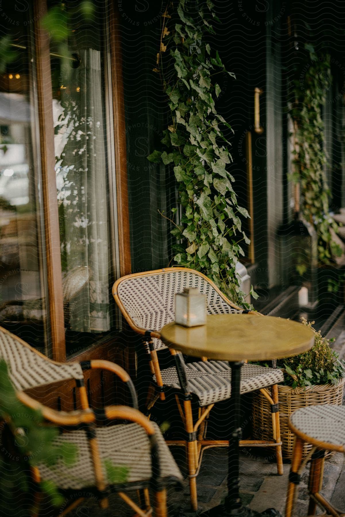 a round coffee table outside a glass window surrounded by fancy wooden chair with a basket on its side growing plant that are climbing the building up