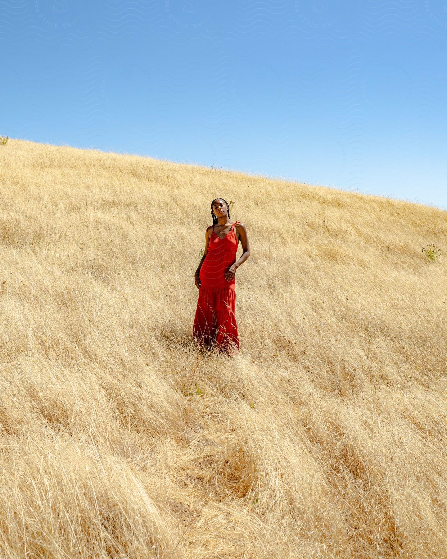 A woman wearing a long red dress is standing on a hill covered in tall dry grass under a clear blue sky