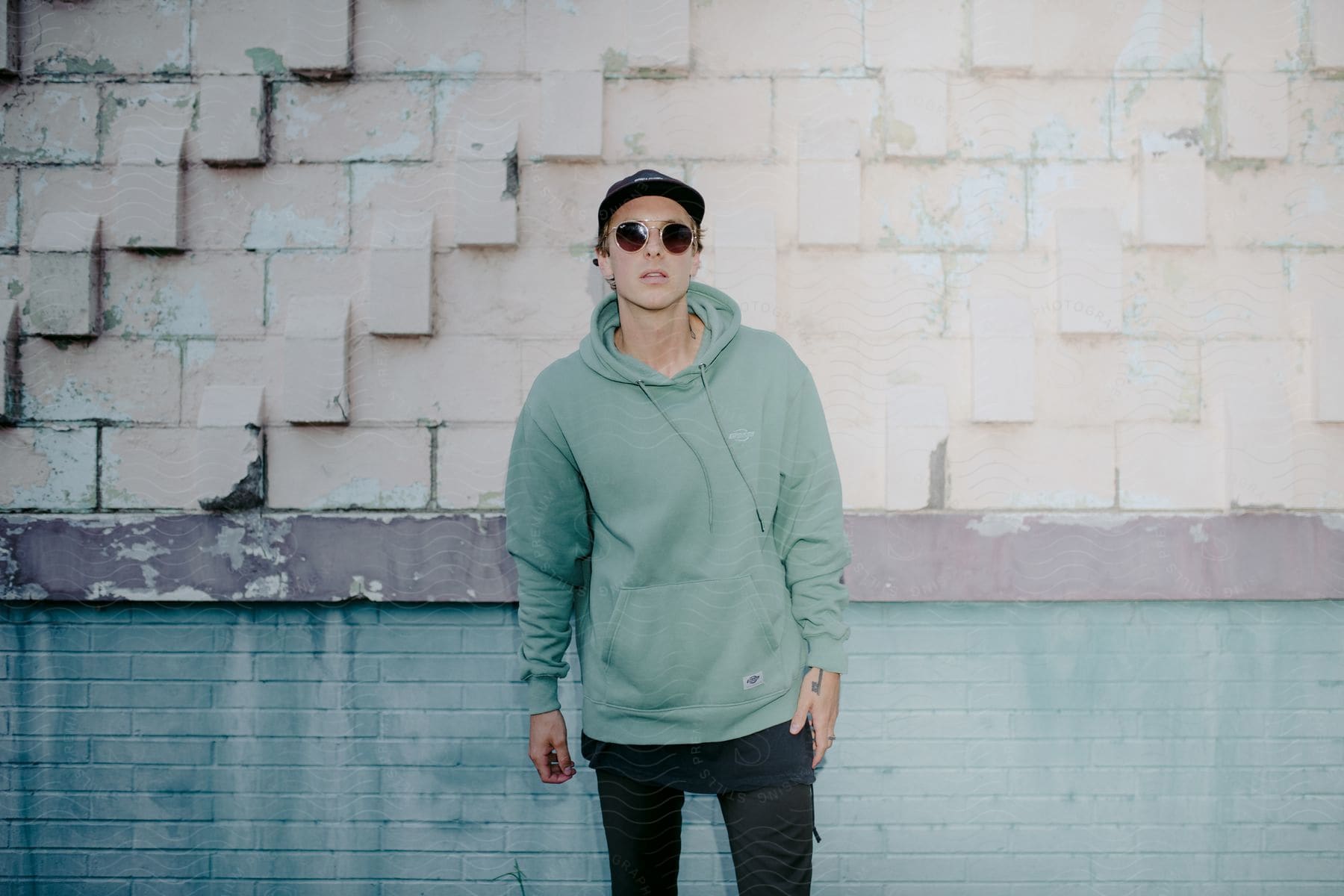 A man is standing against a brick wall wearing sun glasses and a hoodie.