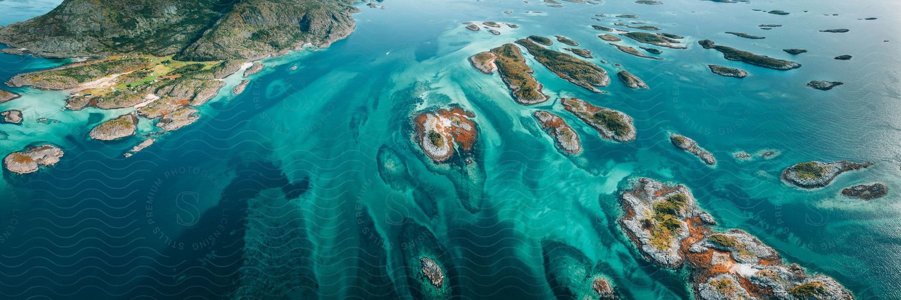 A tropical archipelago viewed from above.