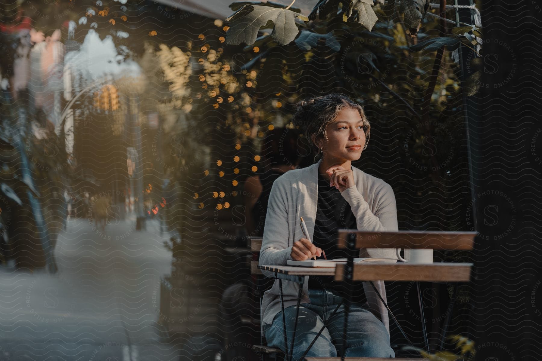 A teenage girl is sitting outside at a table as she writes in a book and looks to her side