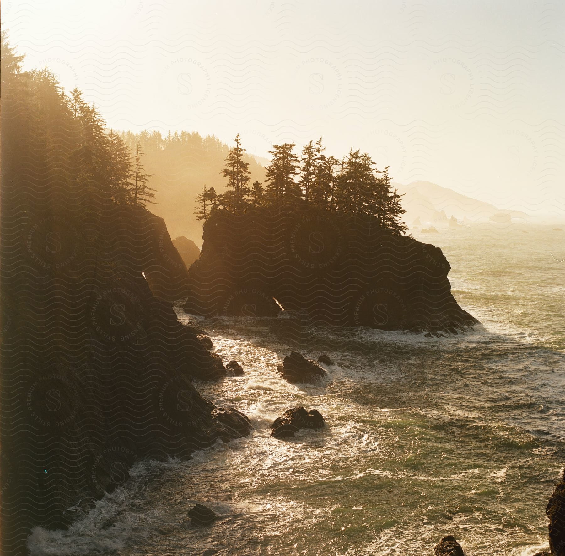 Sun Tinted Fog Covers Forested Coast And Nearby Island