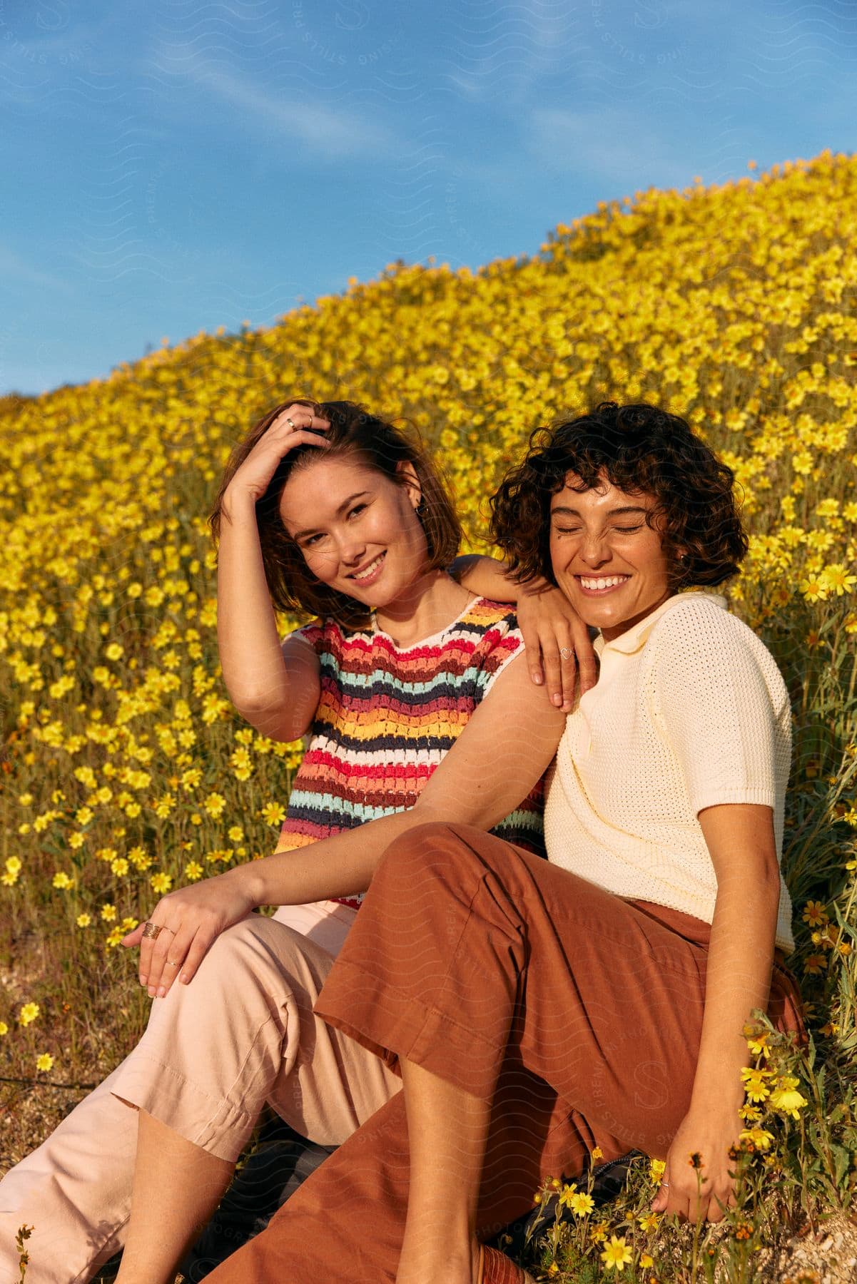 Women sit on a hill slope surrounded by daisies laughing