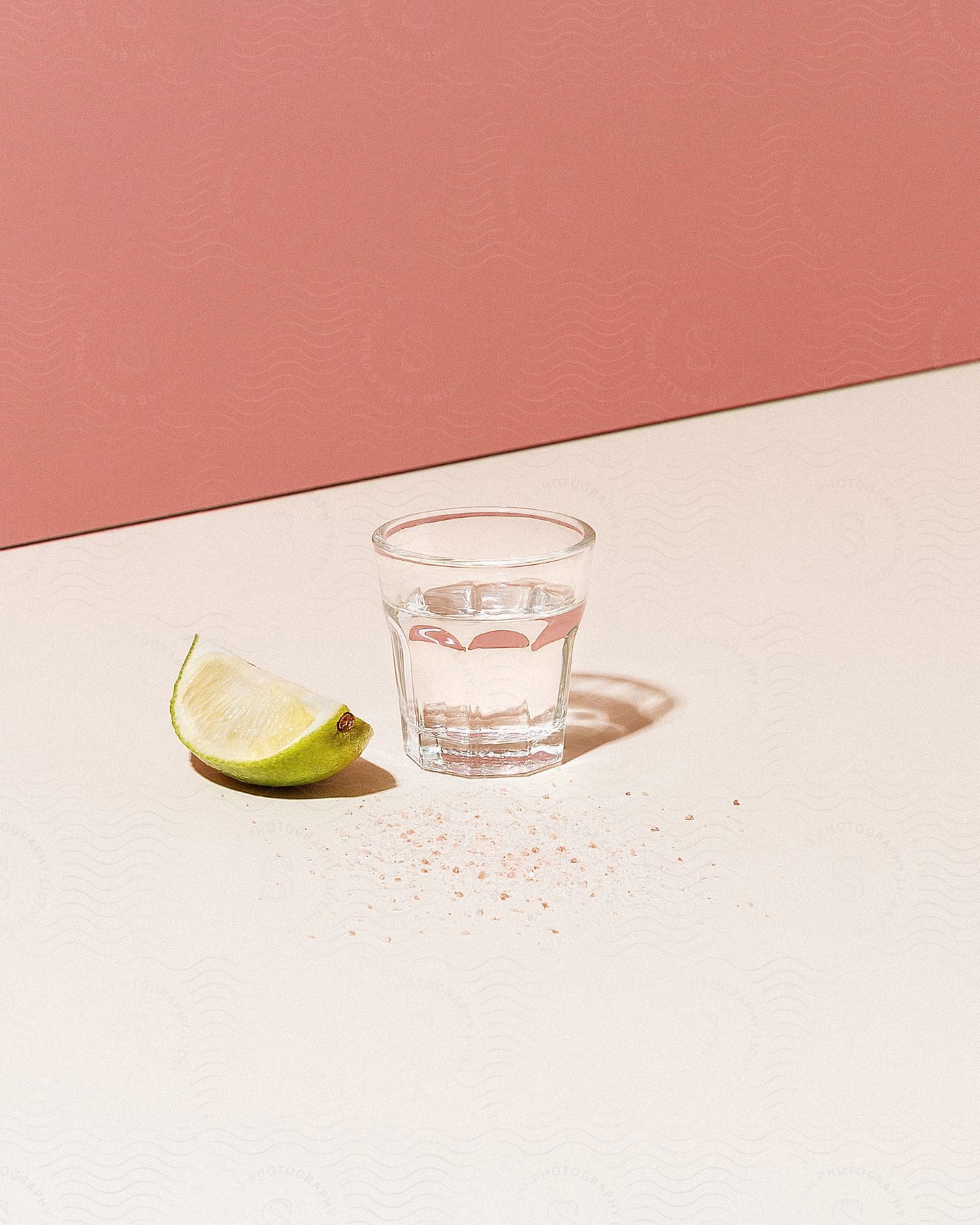 Stock photo of a glass of water is placed next to a sliced lime.