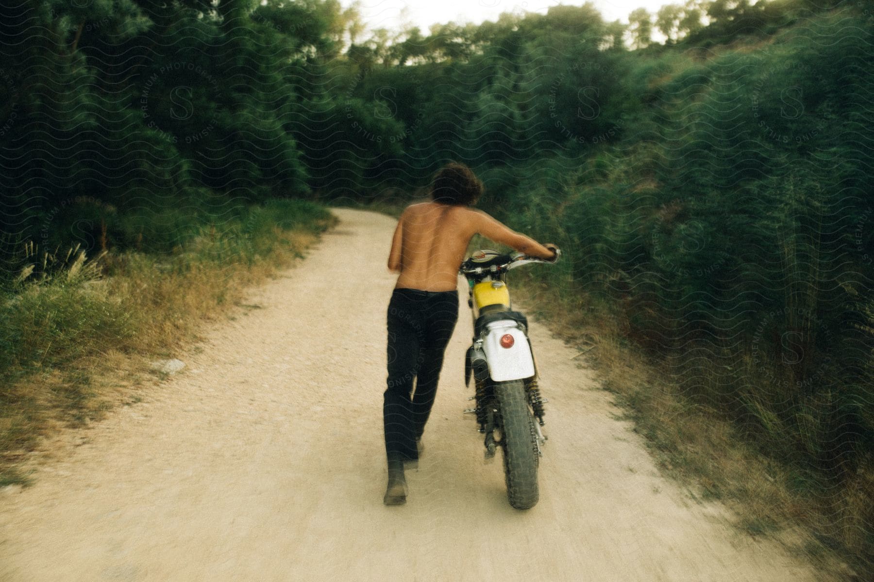 A shirtless man pushing a motorcycle down a dirt road surrounded by bushes and trees