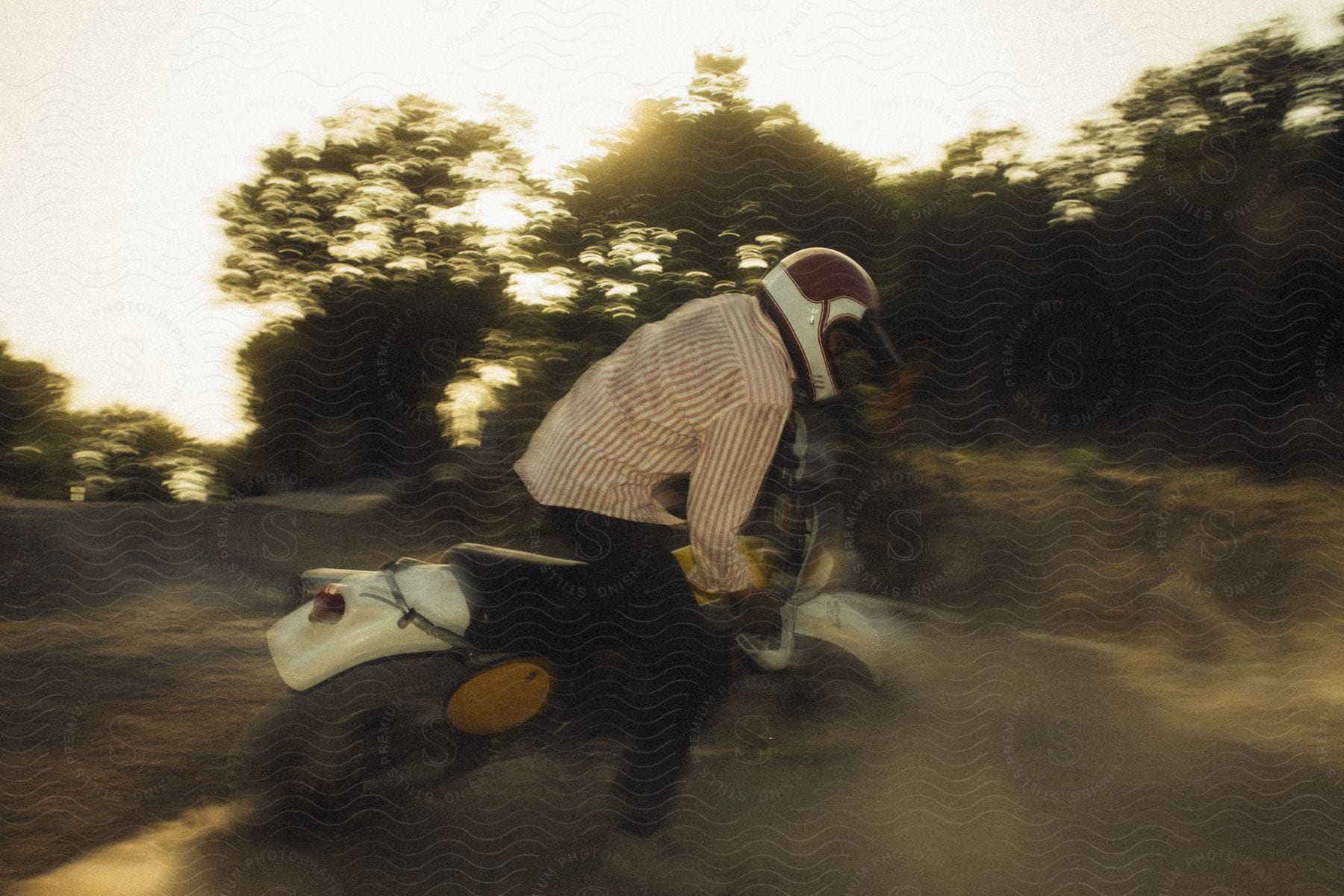 A man riding a dirt bike through a birm outdoors.