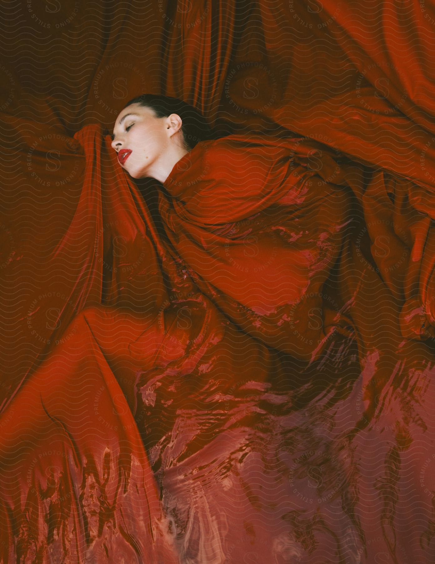 Stock photo of a woman posing in a long, red, and wet dress.