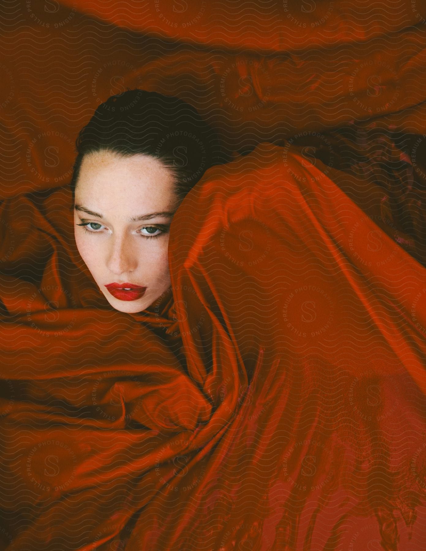 Stock photo of a woman wrapped up in red blankets.