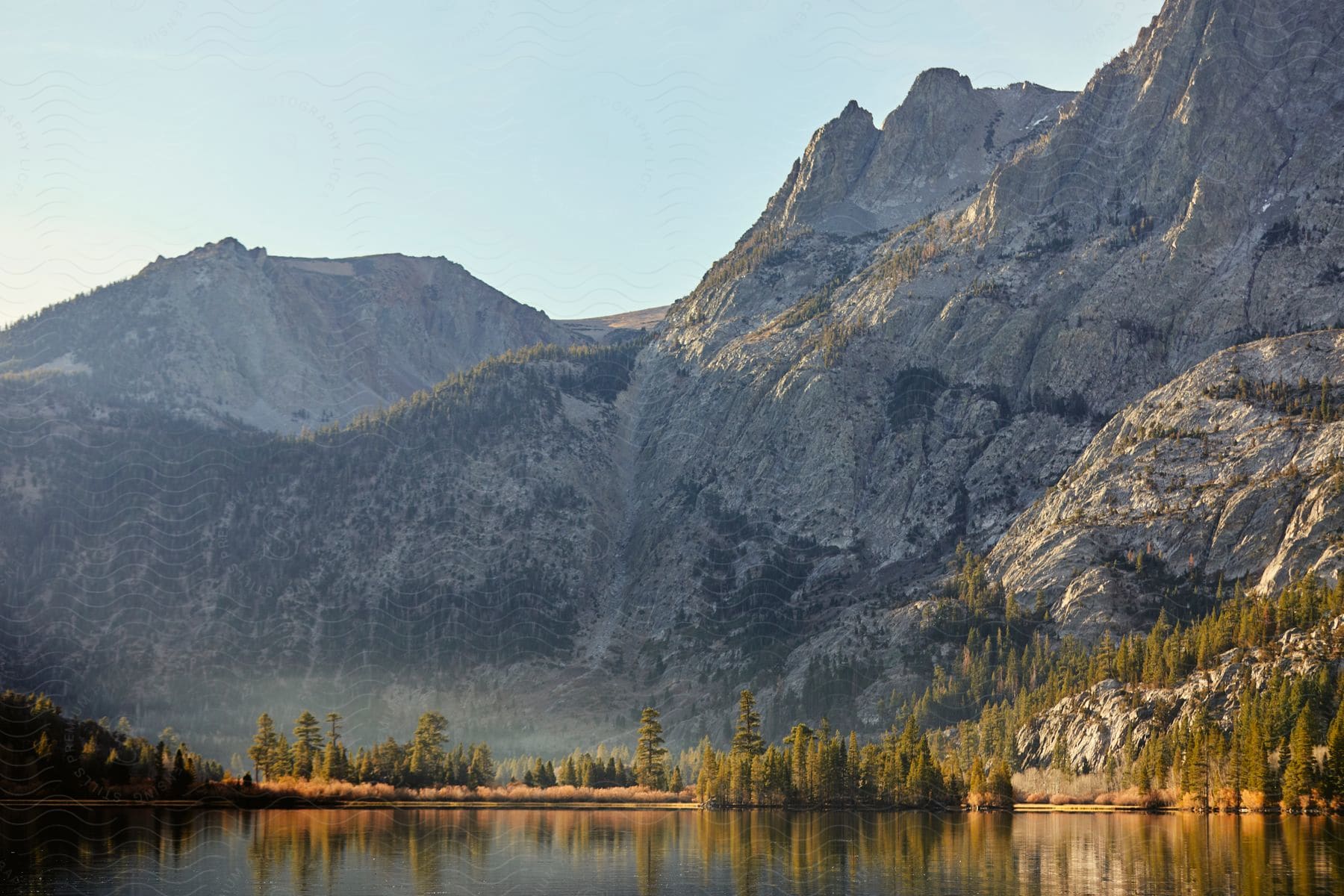 Forested mountains under a clear sky as the sun shines on trees along the coast as they reflect on Lake Tahoe