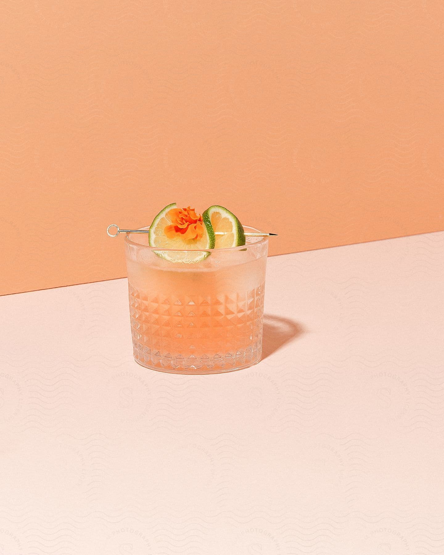 Stock photo of a lime garnish sits on top of a pink alcoholic drink in a short glass cup.