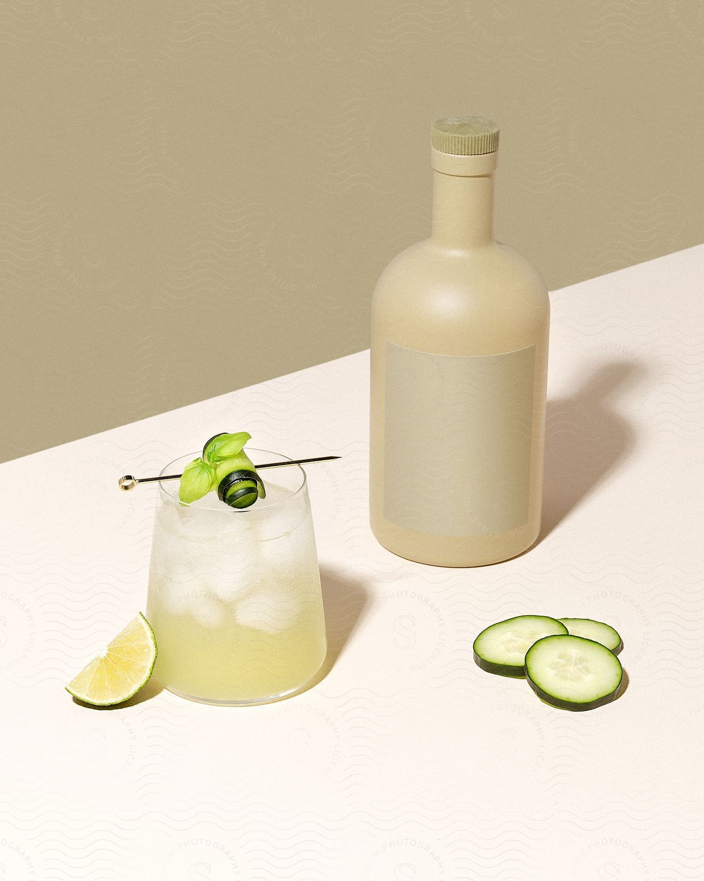 A white bottle with a frosted texture next to a glass with yellow liquid and ice and in front cucumber slices.