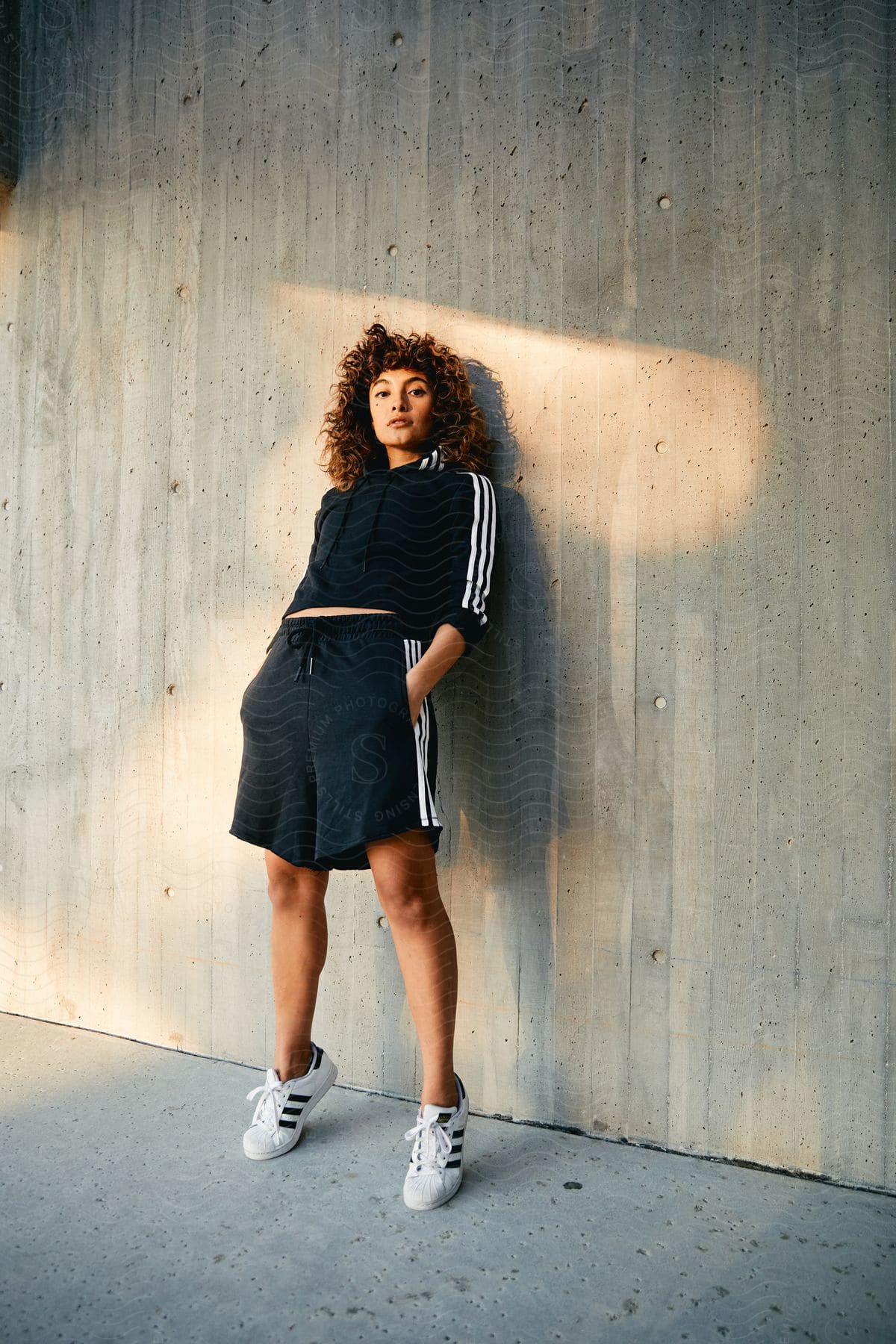 a woman stands on her tiptoes in streetwear against a concrete wall