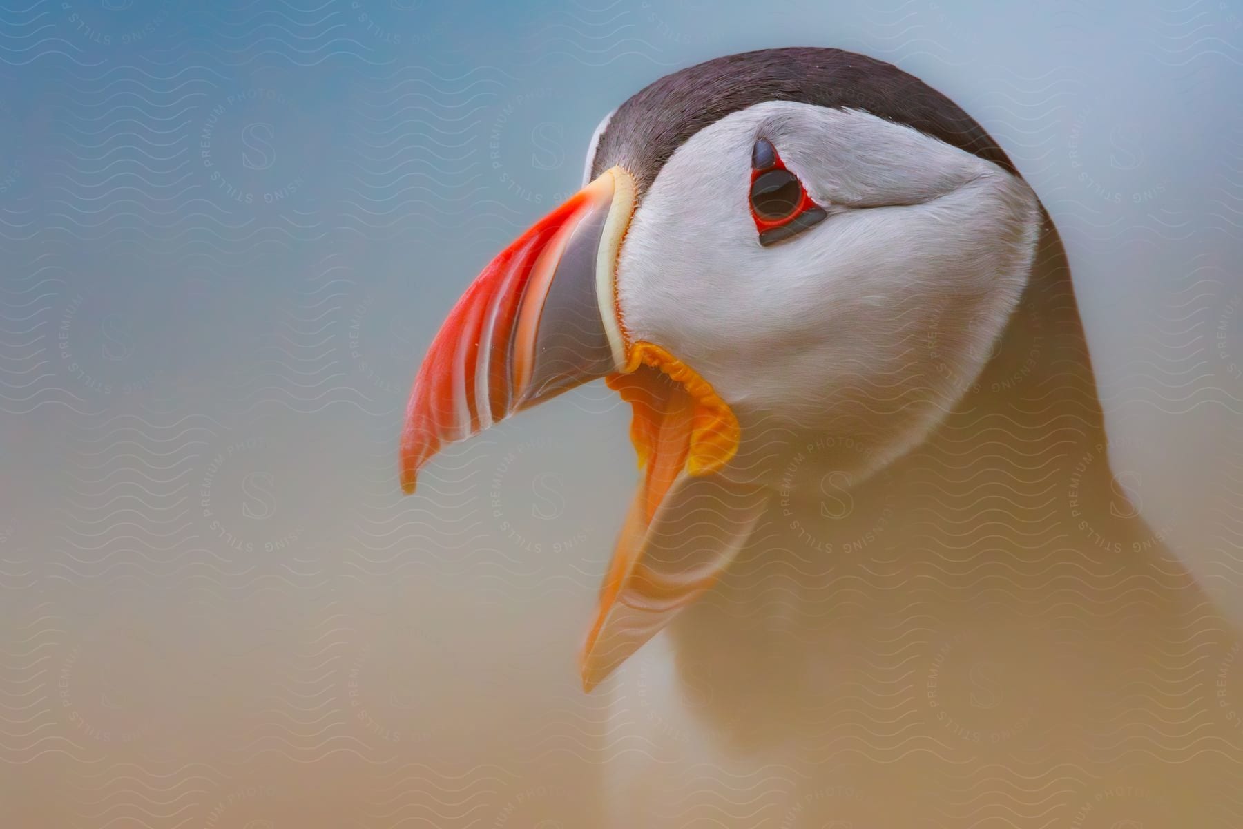 Headshot of an icelandic puffin with it's mouth open