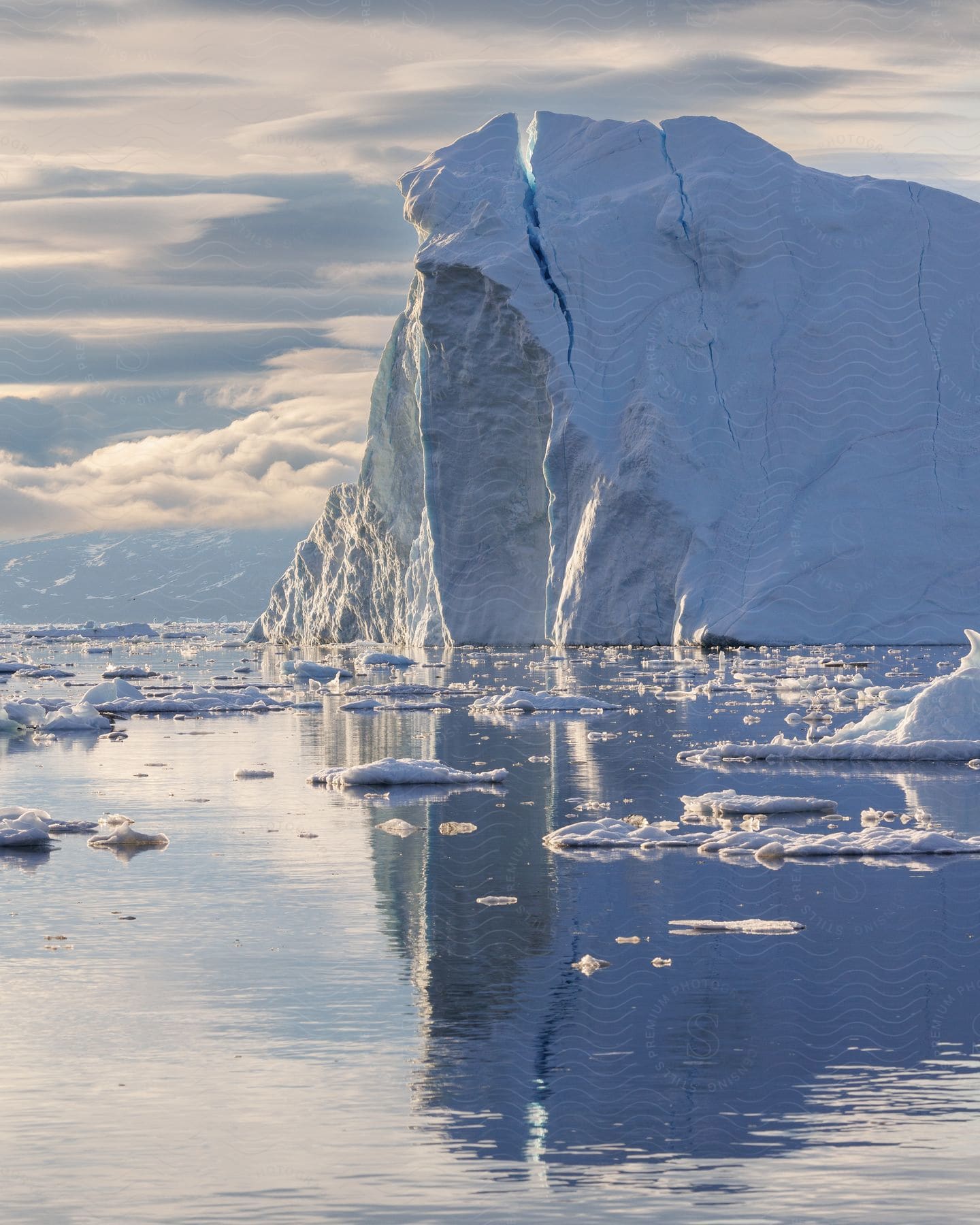 Huge glaciers with ice fragments fallen into a sea during the day.